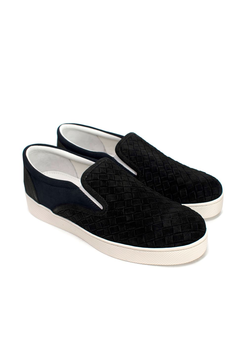 Bottega Veneta Black and Navy Suede Intrecciato Slip on Trainers Size 385 black and white