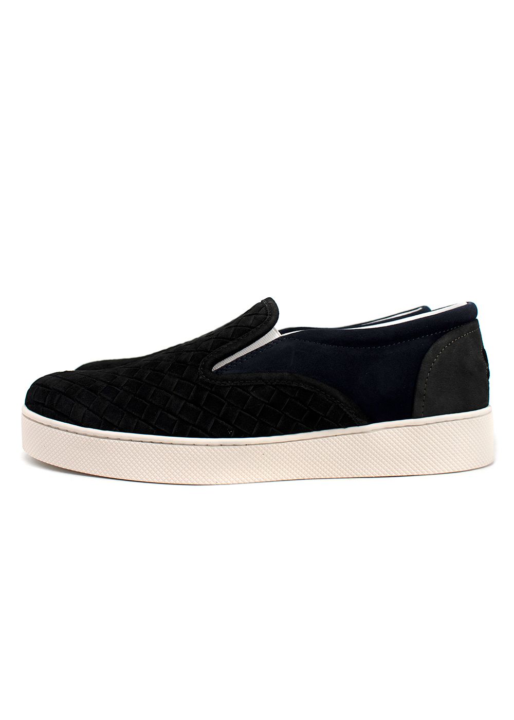 Bottega Veneta Black and Navy Suede Intrecciato Slip on Trainers Size 385 black and white