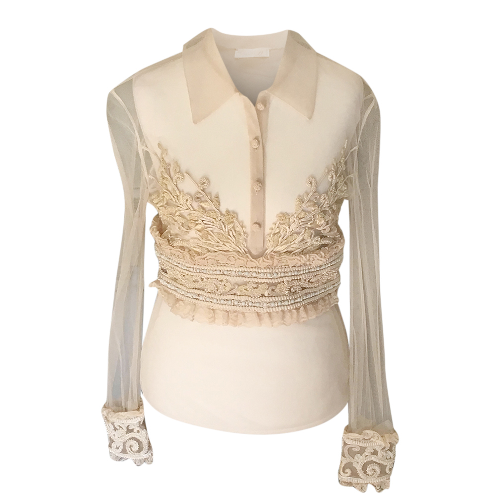 Preowned Valentino Cream Sheer Embellished Embroidered Blouse Size XS Beige/Nude mixed