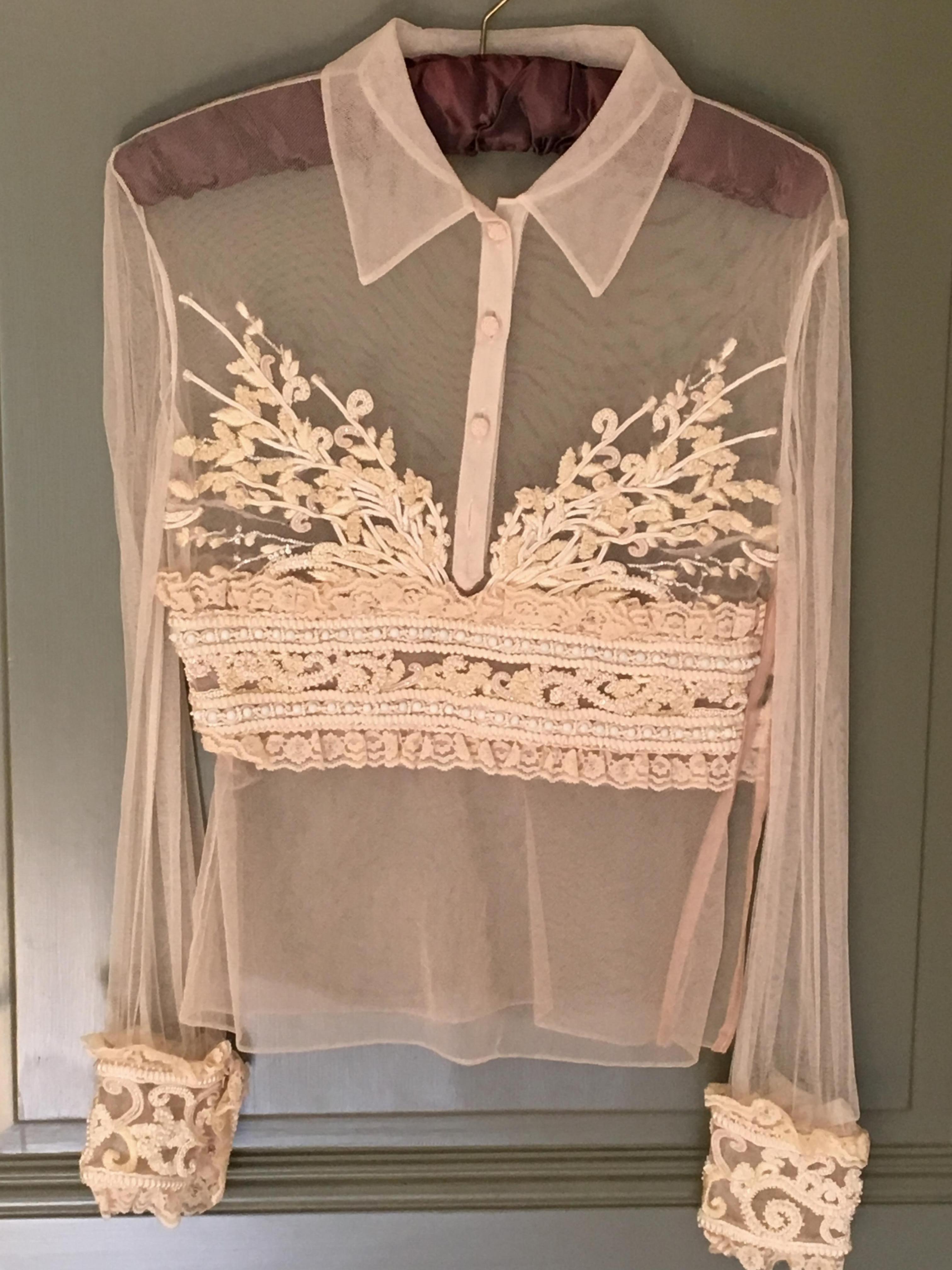 Preowned Valentino Cream Sheer Embellished Embroidered Blouse Size XS Beige/Nude mixed