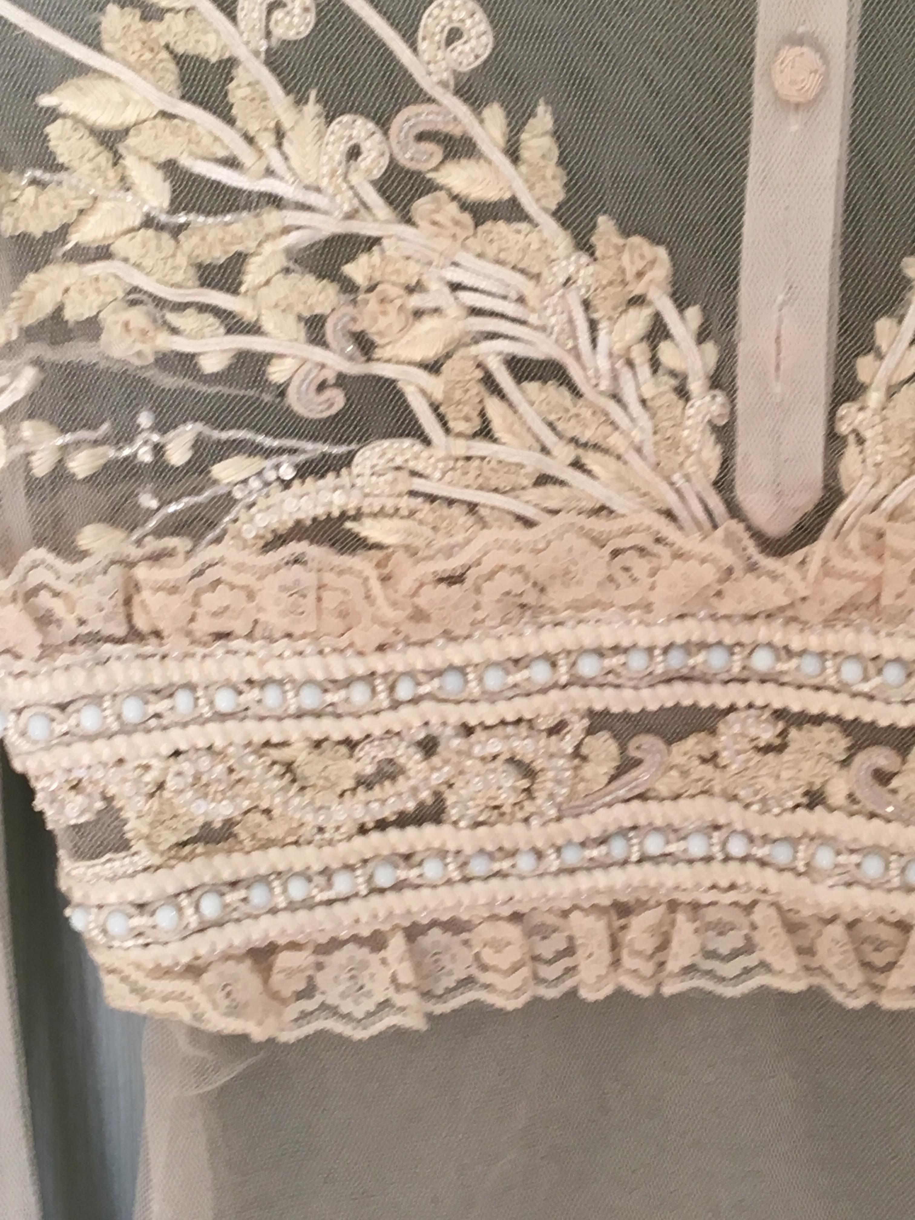 Preowned Valentino Cream Sheer Embellished Embroidered Blouse Size XS Beige/Nude mixed