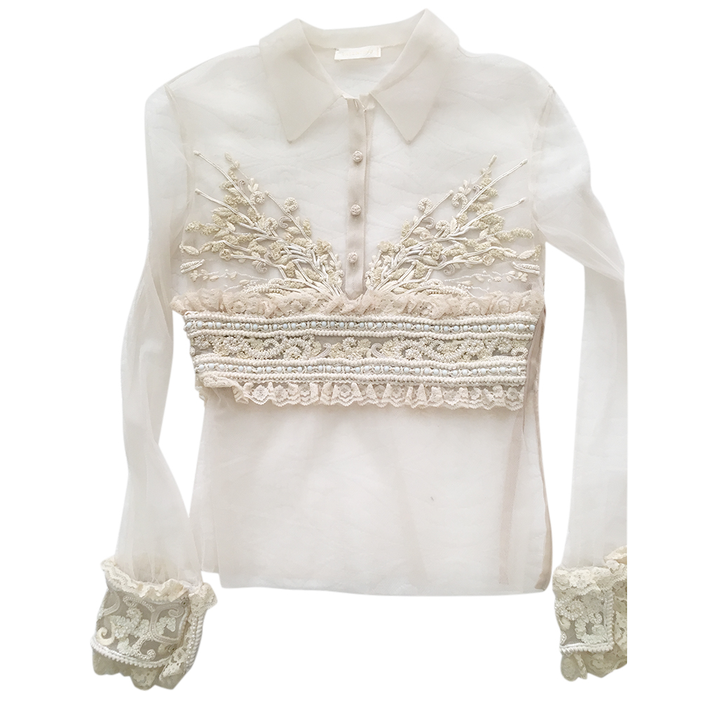 Preowned Valentino Cream Sheer Embellished Embroidered Blouse Size XS Beige/Nude mixed