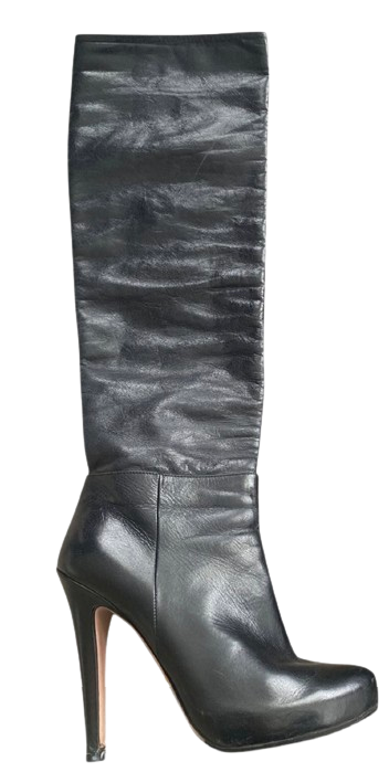 Preowned Prada Black Leather Knee High Boots Size 375