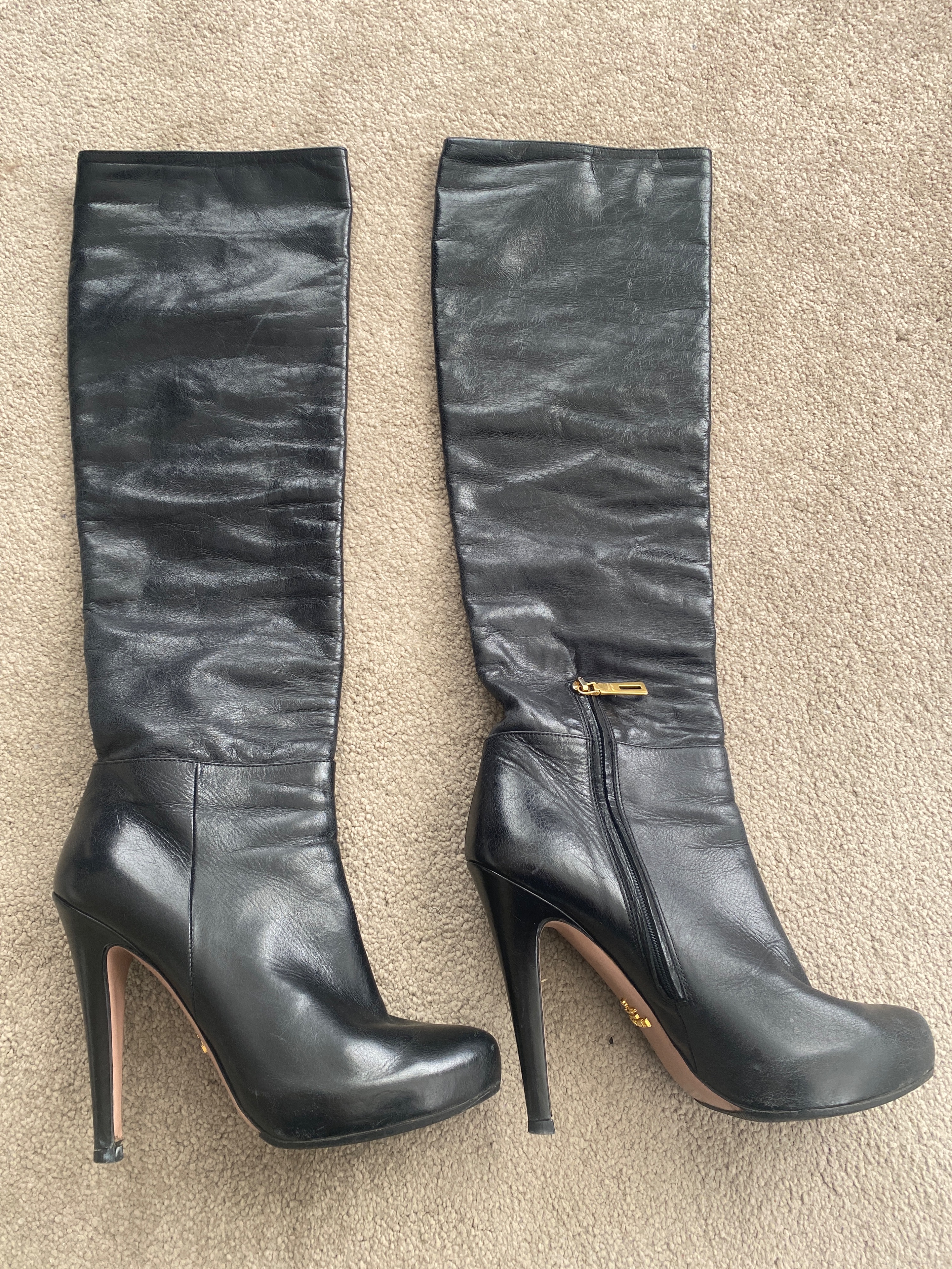 Preowned Prada Black Leather Knee High Boots Size 375