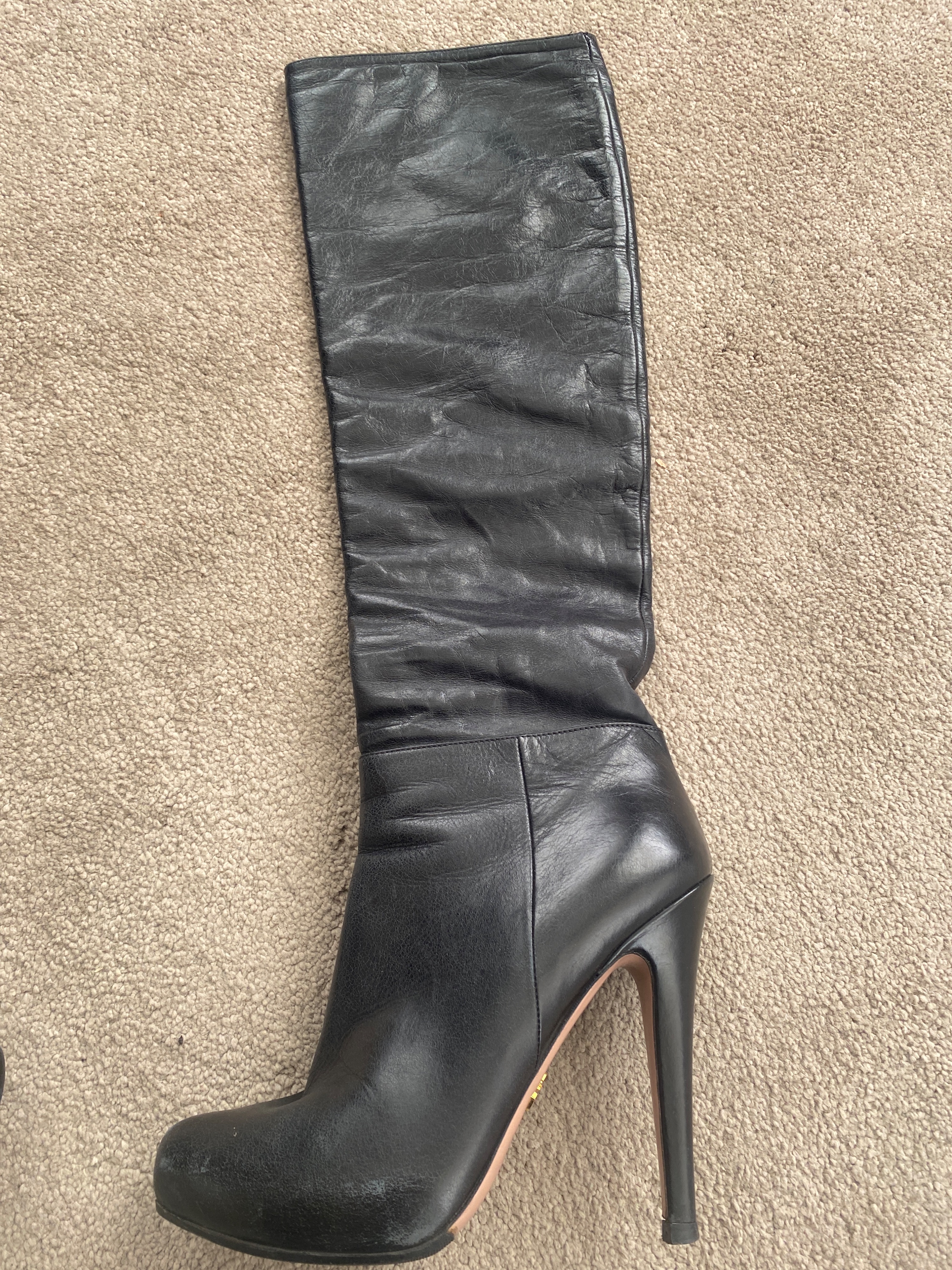 Preowned Prada Black Leather Knee High Boots Size 375