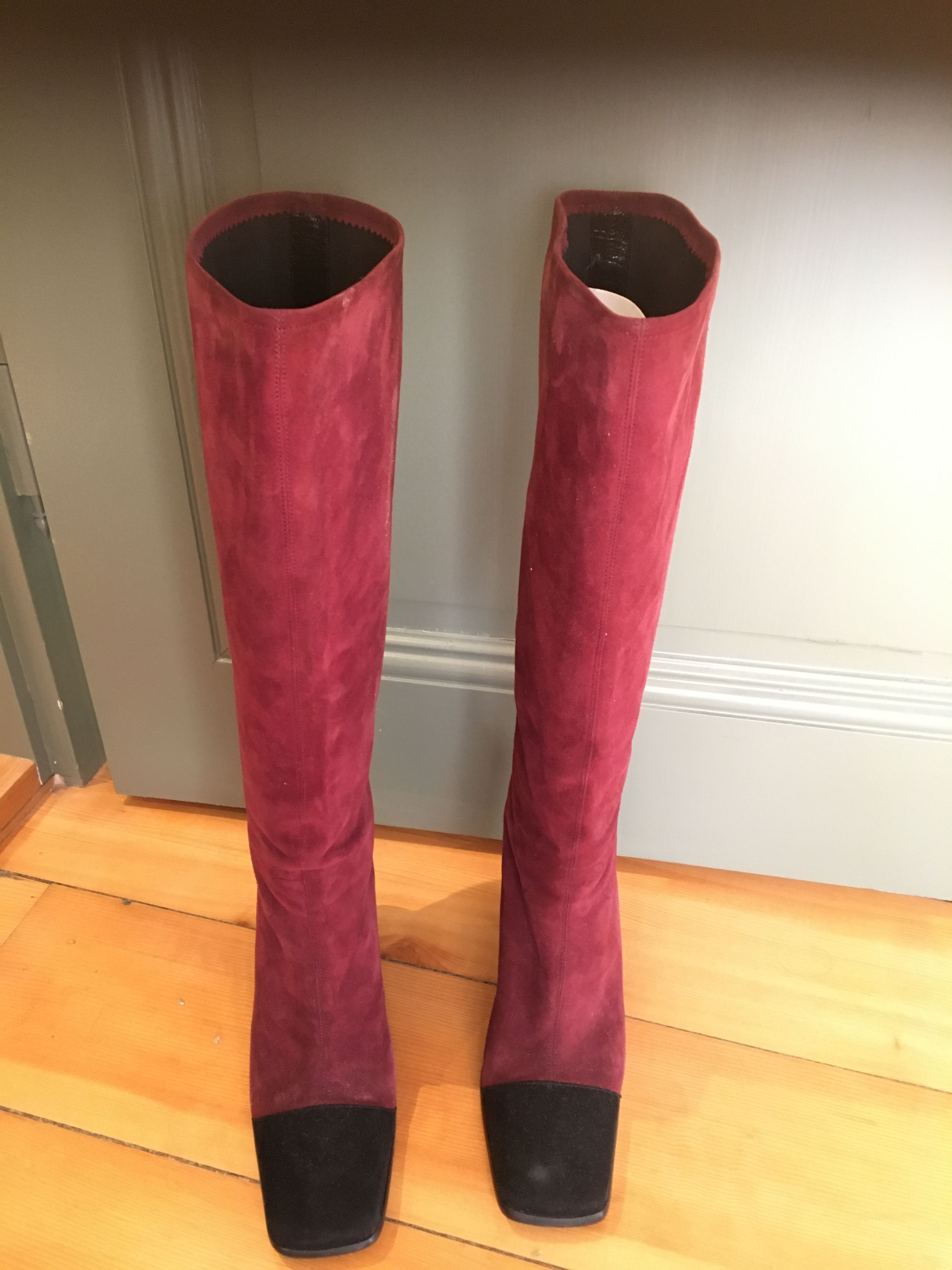 Preowned Chanel Red Suede Square Toe Boots Size 38 burgundy