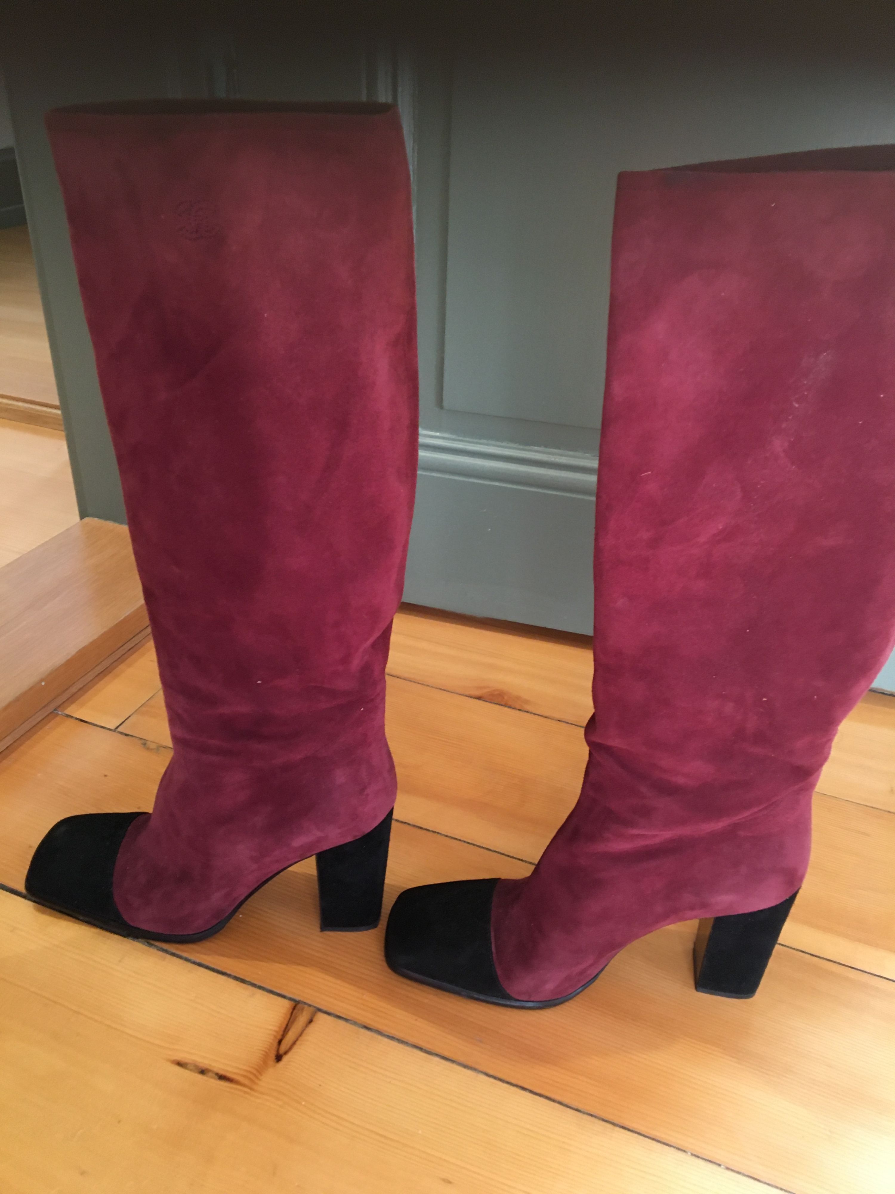 Preowned Chanel Red Suede Square Toe Boots Size 38 burgundy