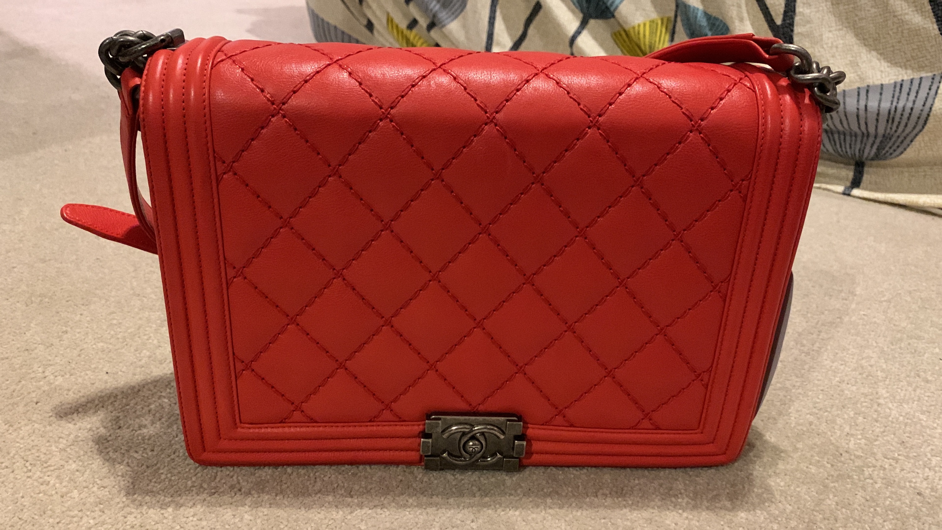 Preowned Chanel Red Leather Quilted Large Boy Bag Size L