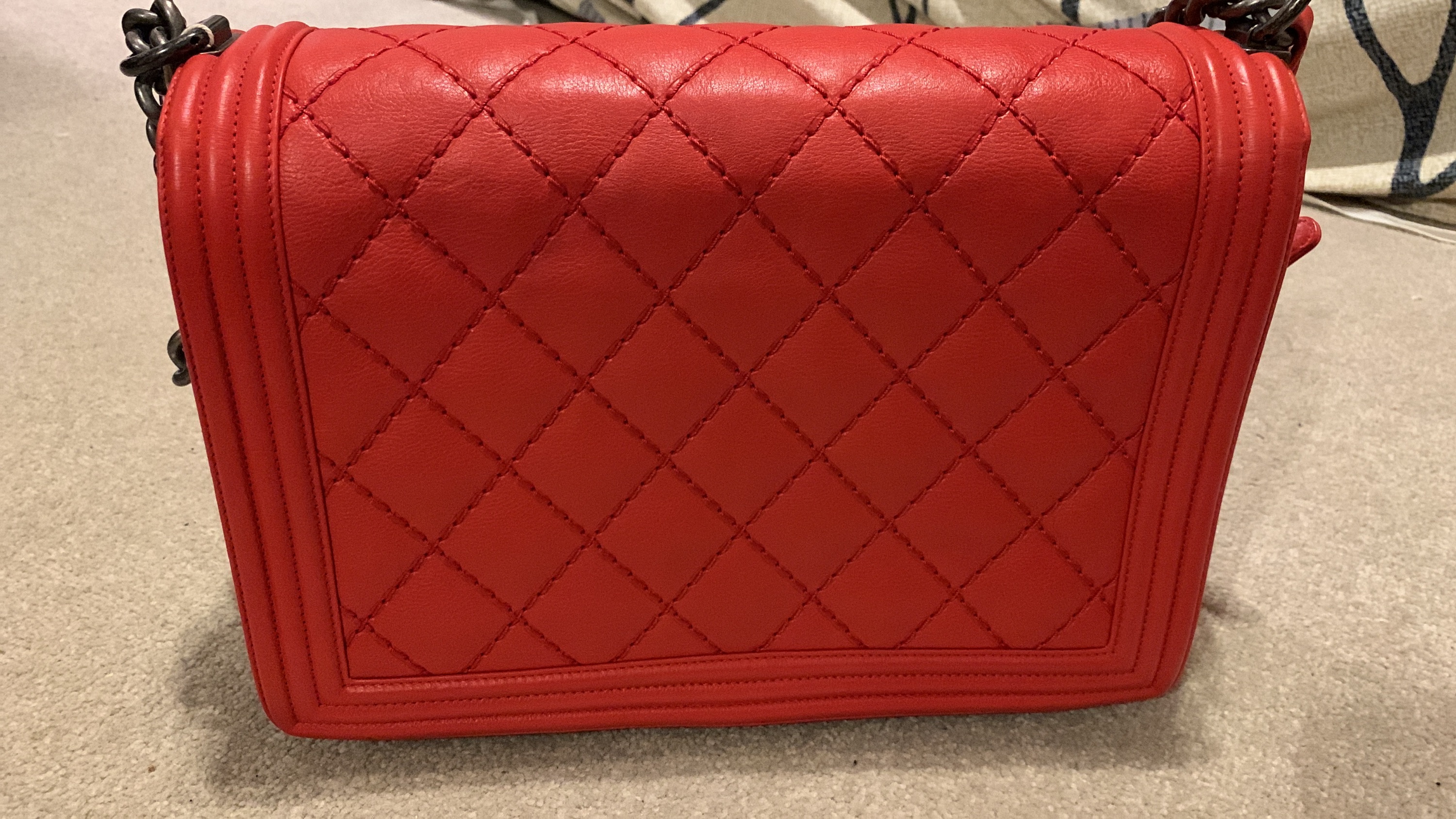 Preowned Chanel Red Leather Quilted Large Boy Bag Size L