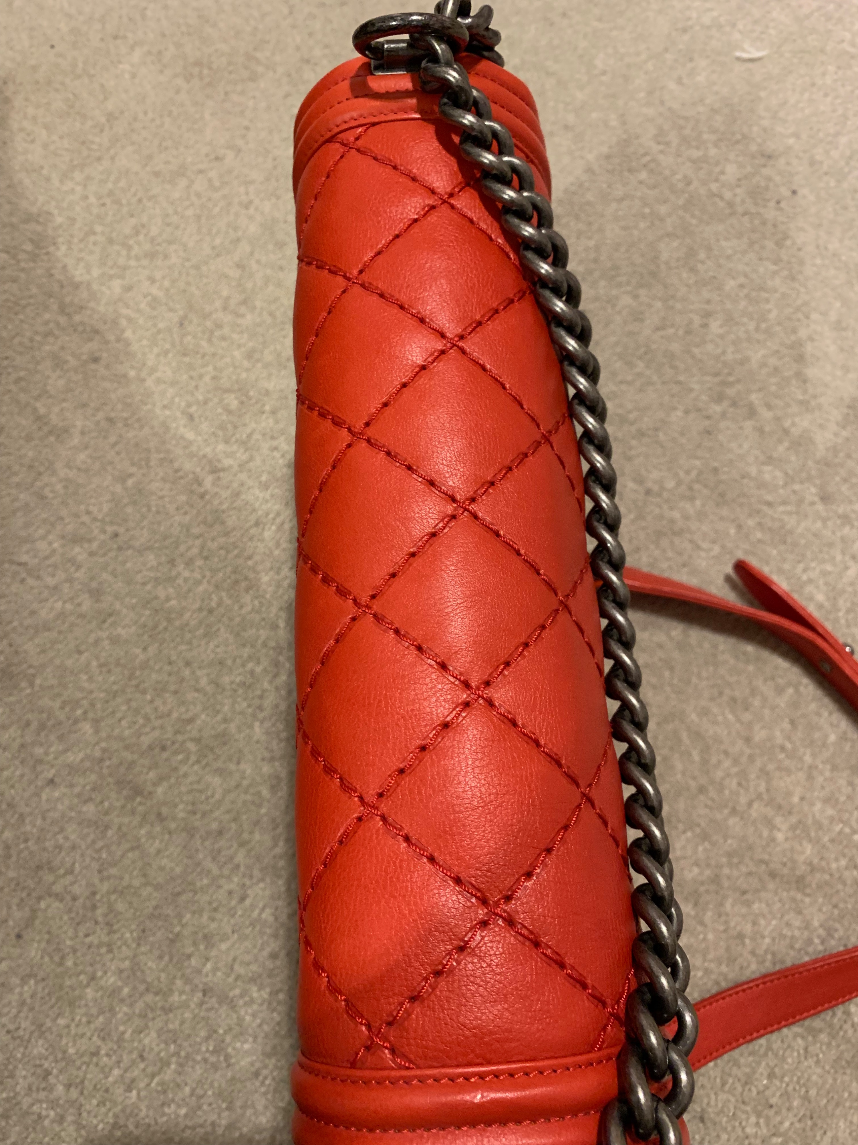 Preowned Chanel Red Leather Quilted Large Boy Bag Size L