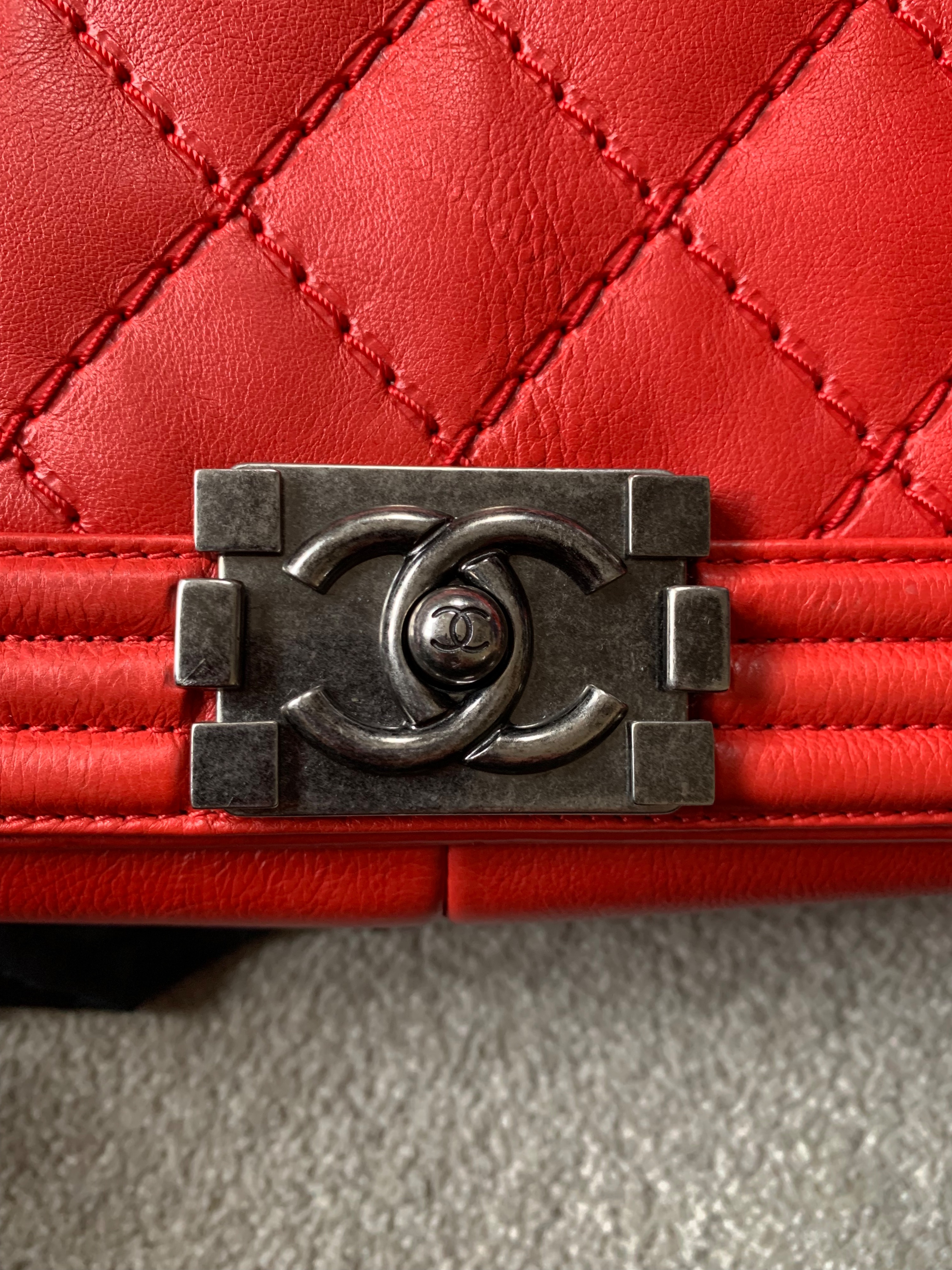 Preowned Chanel Red Leather Quilted Large Boy Bag Size L