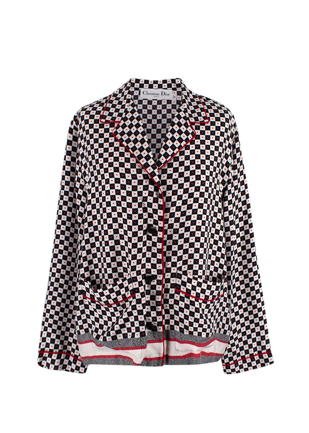 Dior Black and White Check Heart Silk Shirt Size L black white red