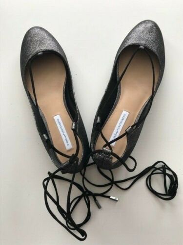 DVF Metallic Lace-Up Ballerinas Size 38 Grey leather