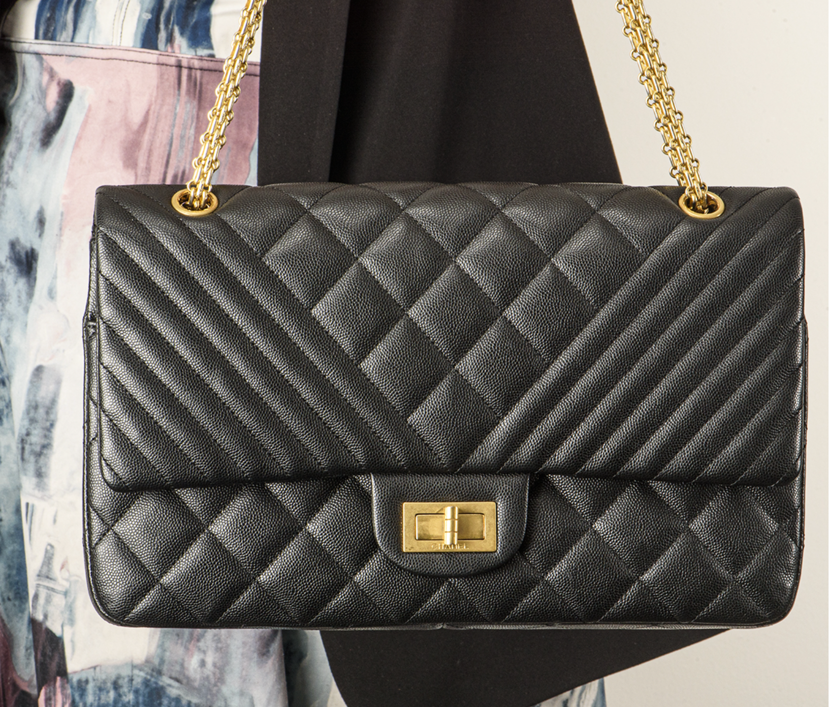 Chanel Black Quilted  Chevron Leather Reissue 255 Bag