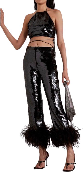 Magda Butrym Black Sequinned Feather Trimmed Trousers  Top Set Size S polyester/feathers/ostrich