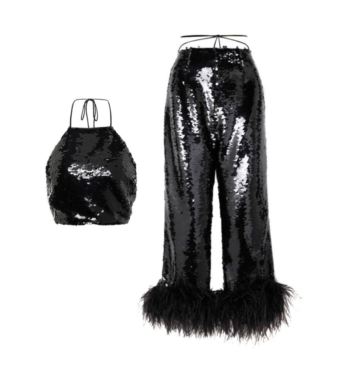 Magda Butrym Black Sequinned Feather Trimmed Trousers  Top Set Size S polyester/feathers/ostrich