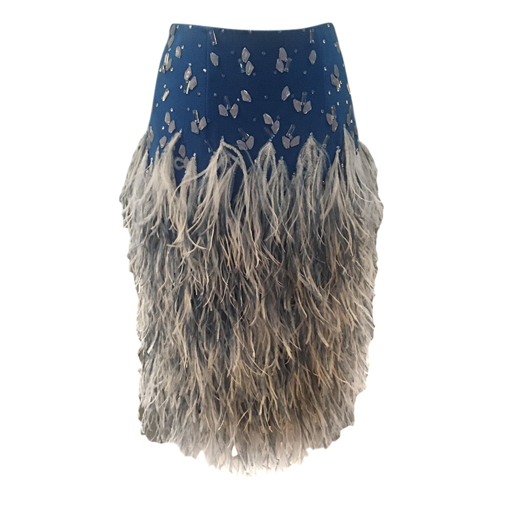 Jenny Packham Blue Crystal Embellished Skirt with Marabou Feather Trim Size XS wool