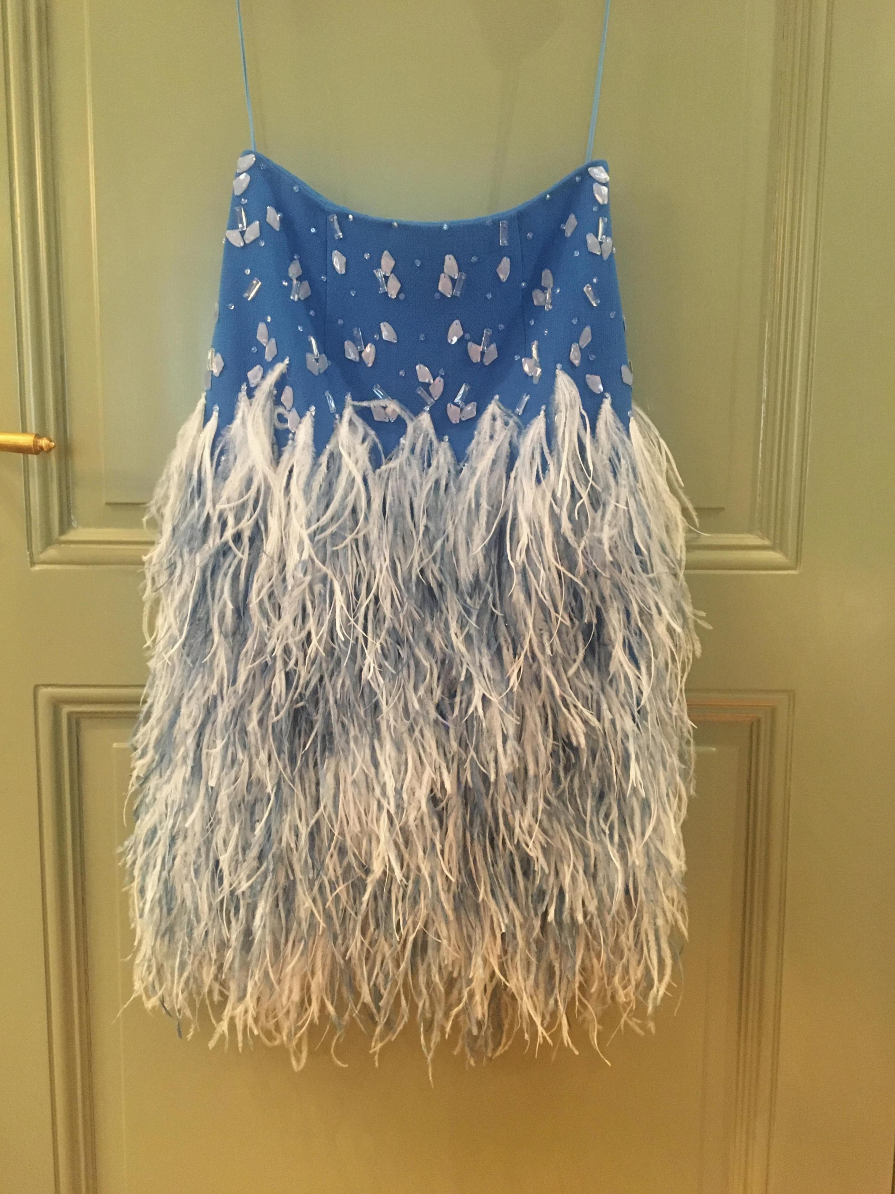 Jenny Packham Blue Crystal Embellished Skirt with Marabou Feather Trim Size XS wool