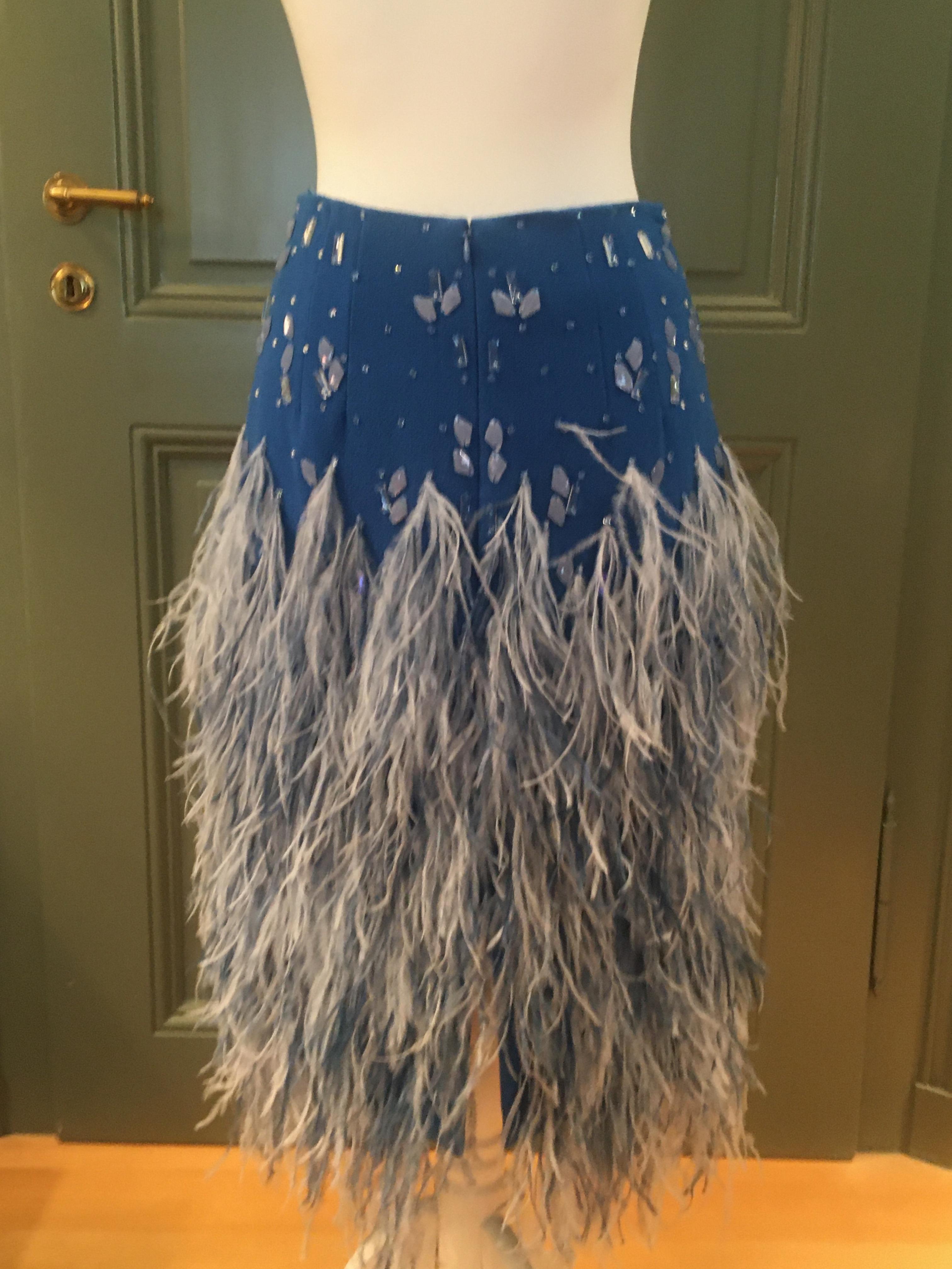 Jenny Packham Blue Crystal Embellished Skirt with Marabou Feather Trim Size XS wool