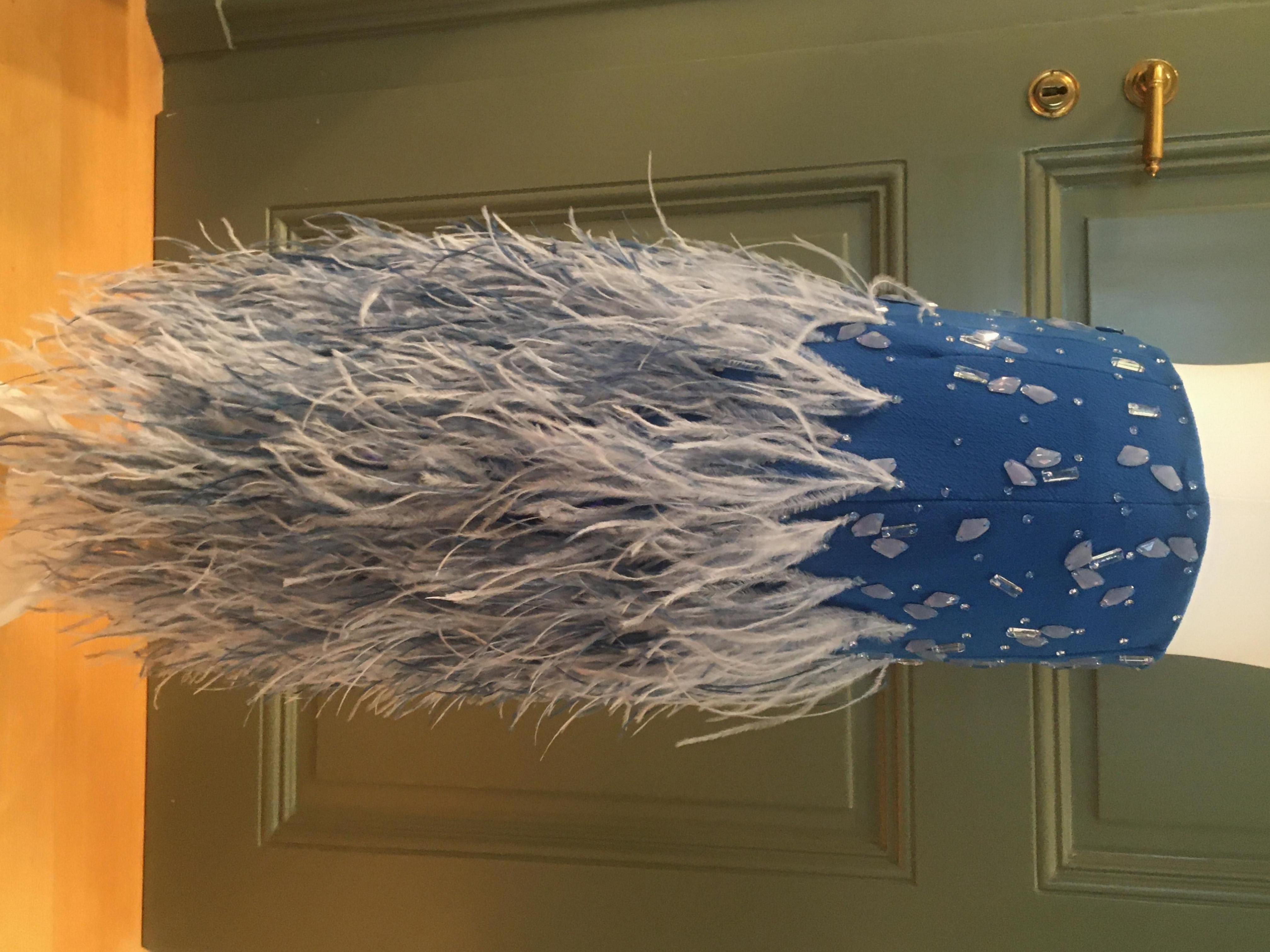 Jenny Packham Blue Crystal Embellished Skirt with Marabou Feather Trim Size XS wool