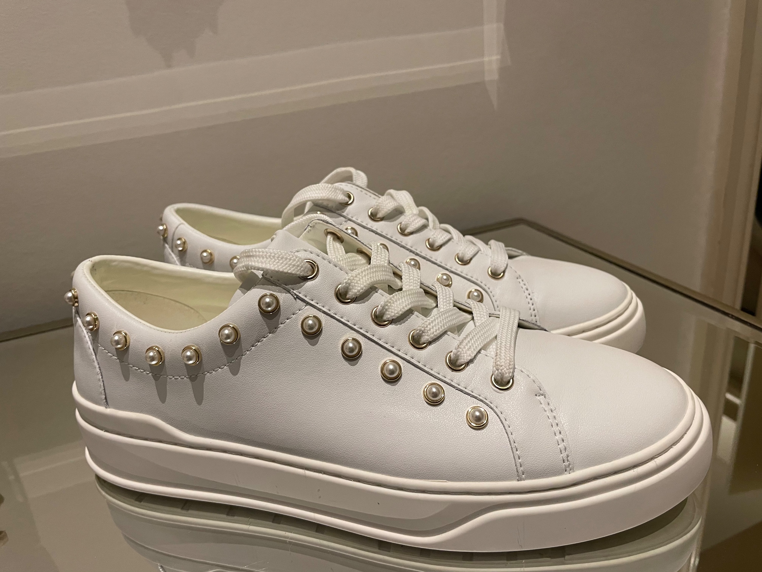 Stuart Weitzman white leather faux-pearl trimmed trainers Size 40