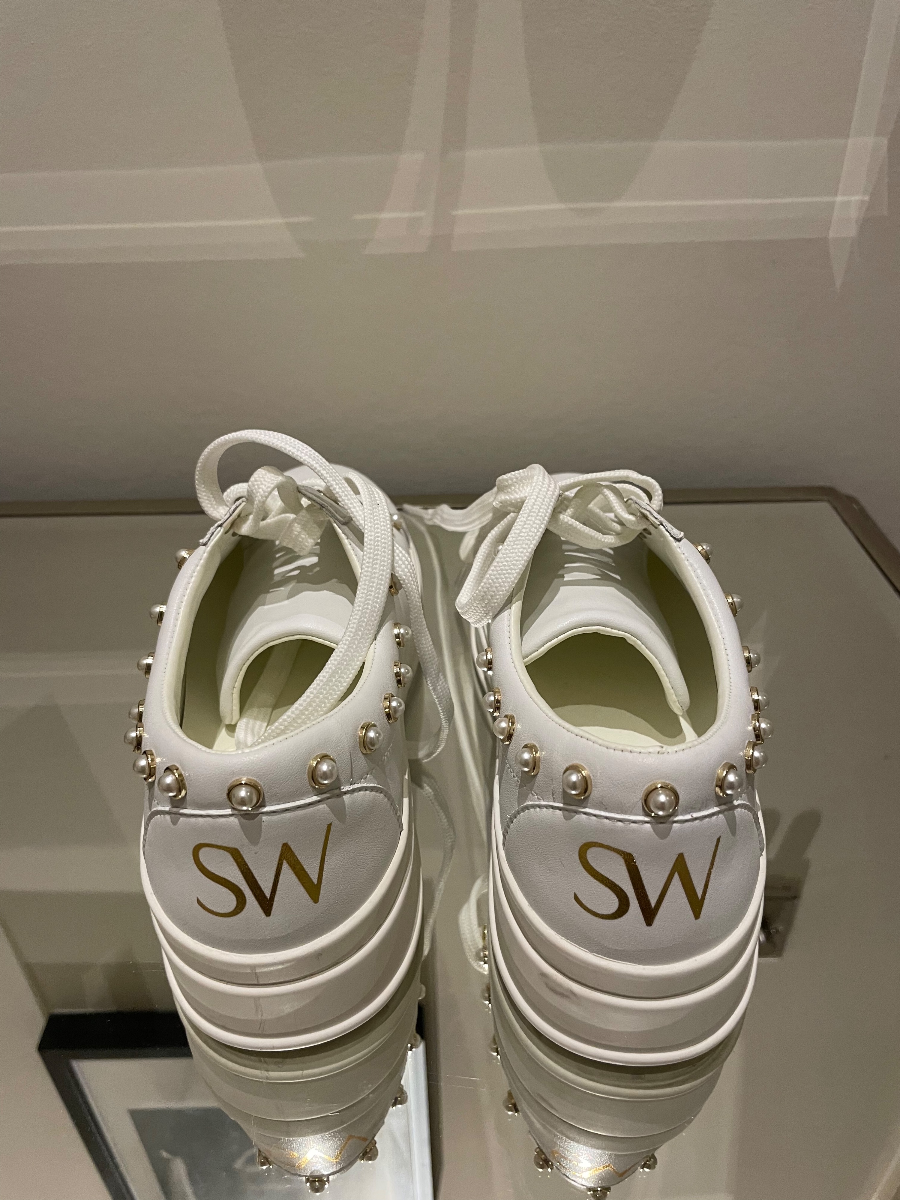 Stuart Weitzman white leather faux-pearl trimmed trainers Size 40