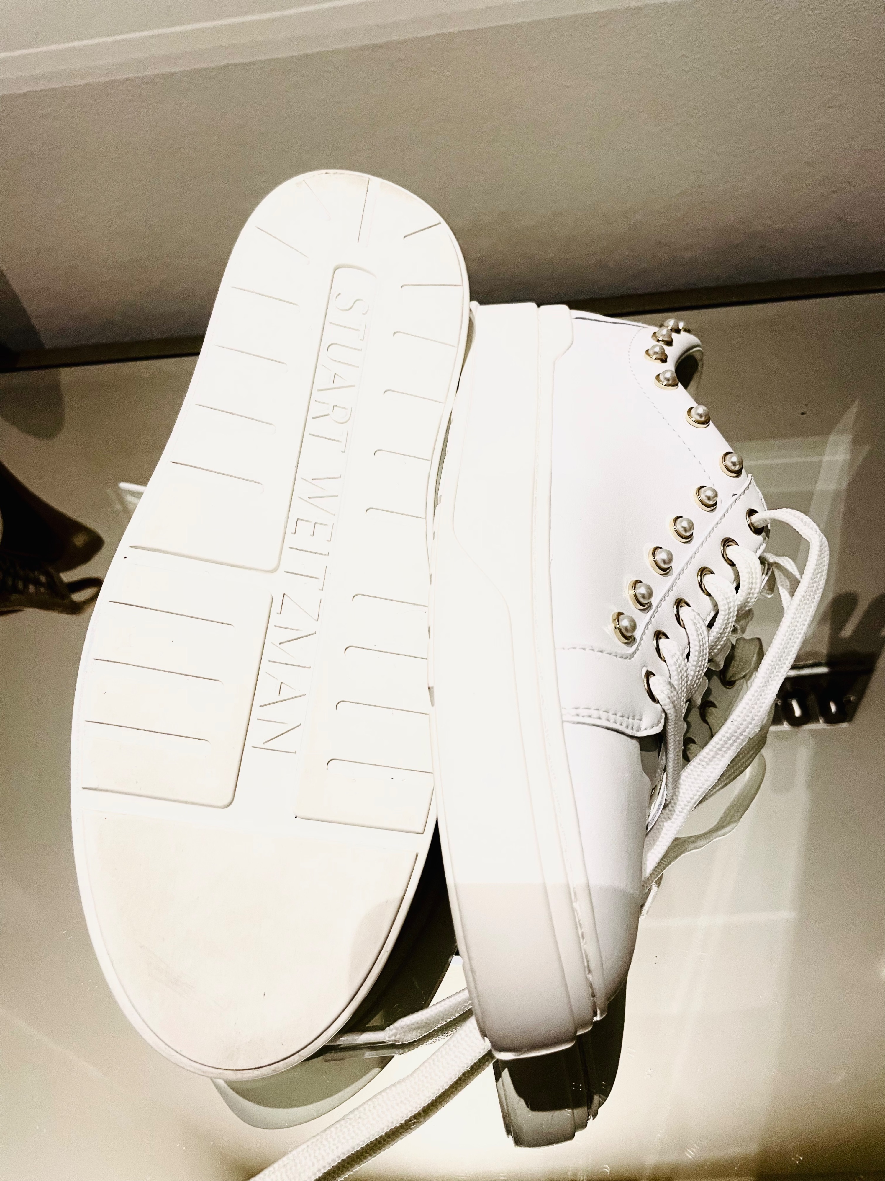 Stuart Weitzman white leather faux-pearl trimmed trainers Size 40