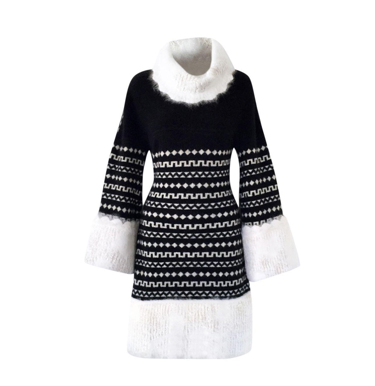 Preowned Chanel Black and White Angora Jumper Dress Size S multi wool