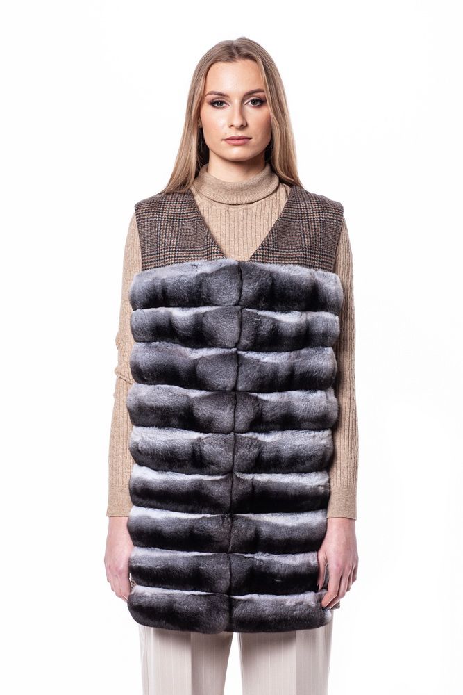 FurbySD Chinchilla fur  tweed gilet Size L Check