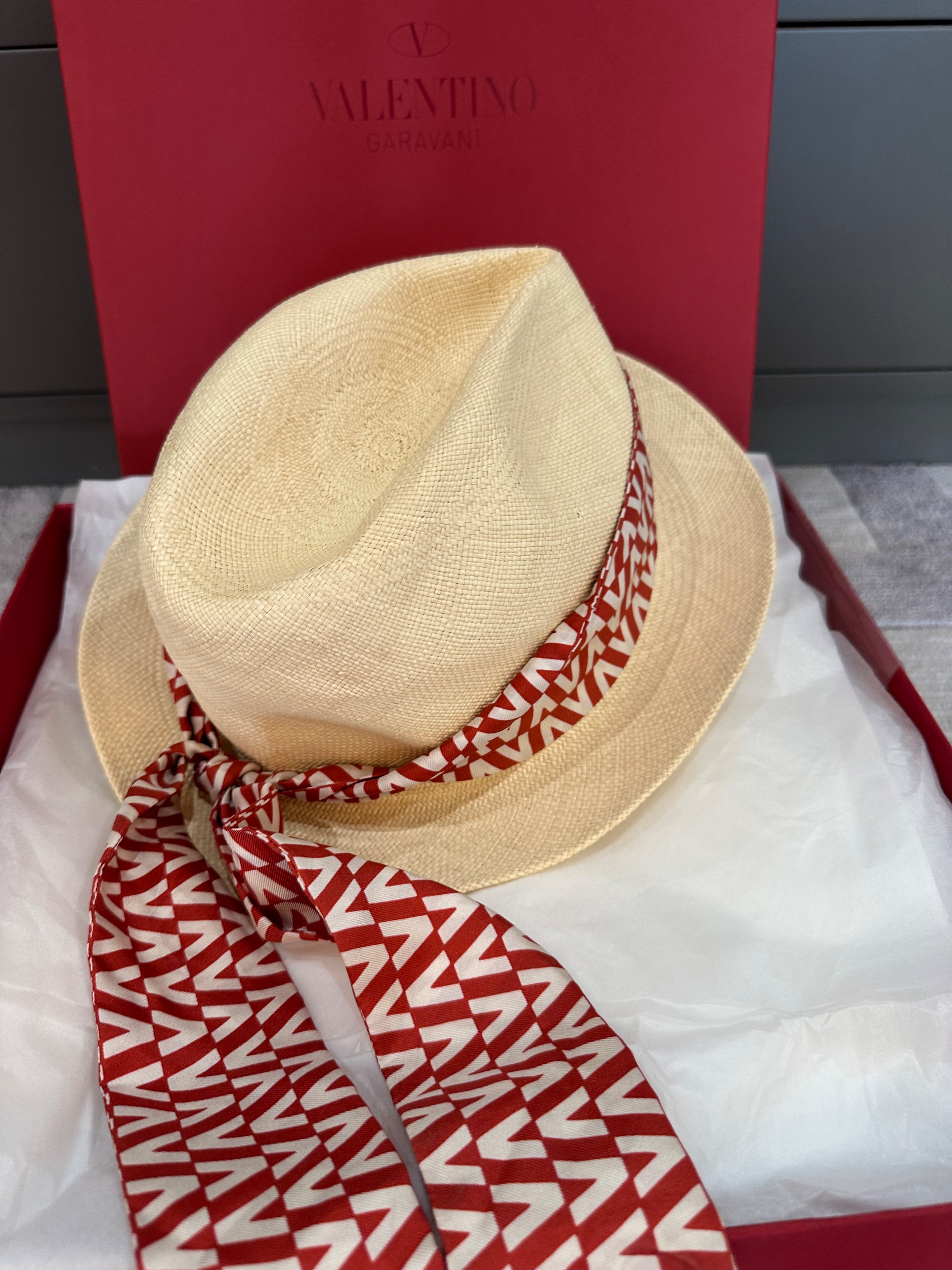 Valentino Logo Silk Scarf Wrapped Straw Hat Size M