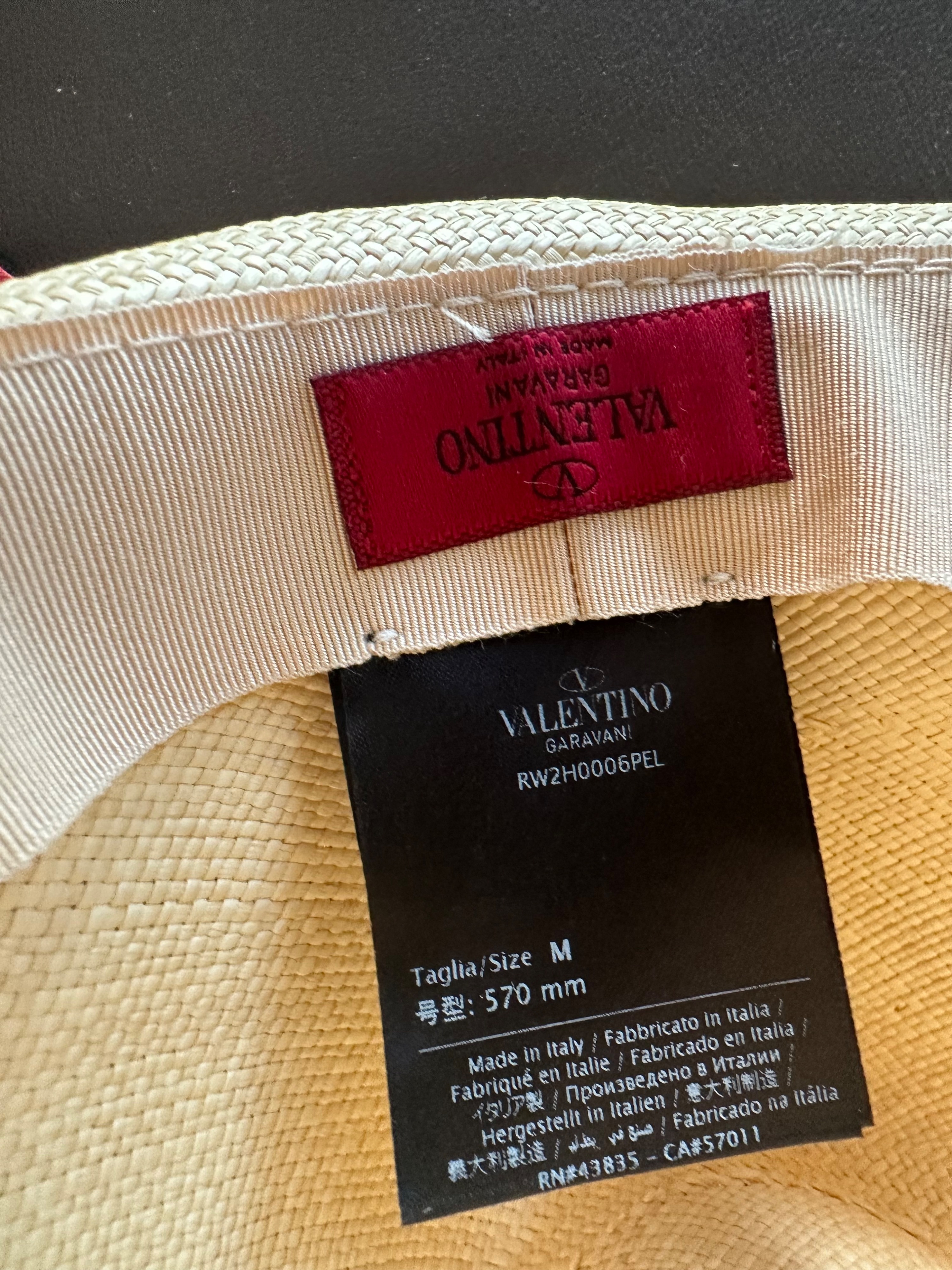 Valentino Logo Silk Scarf Wrapped Straw Hat Size M