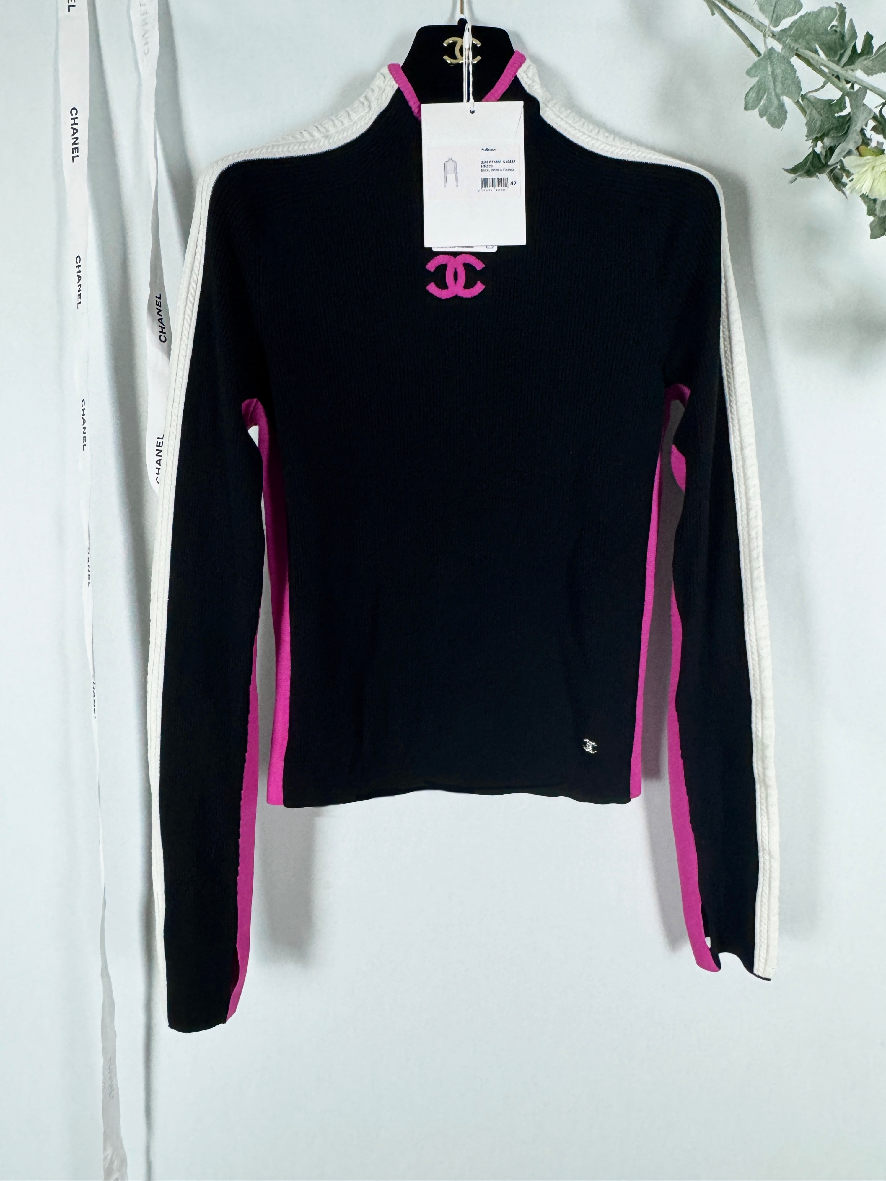 Chanel Black Ribbed Logo Jumper Size M wool