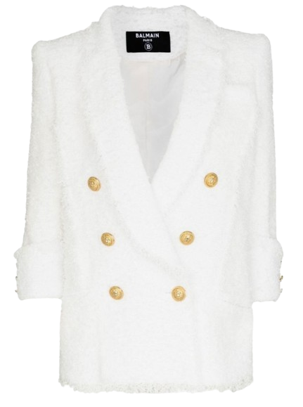 Preowned Balmain White Double Breasted Boucle Tweed Blazer Size XL cotton/polyamide/wool