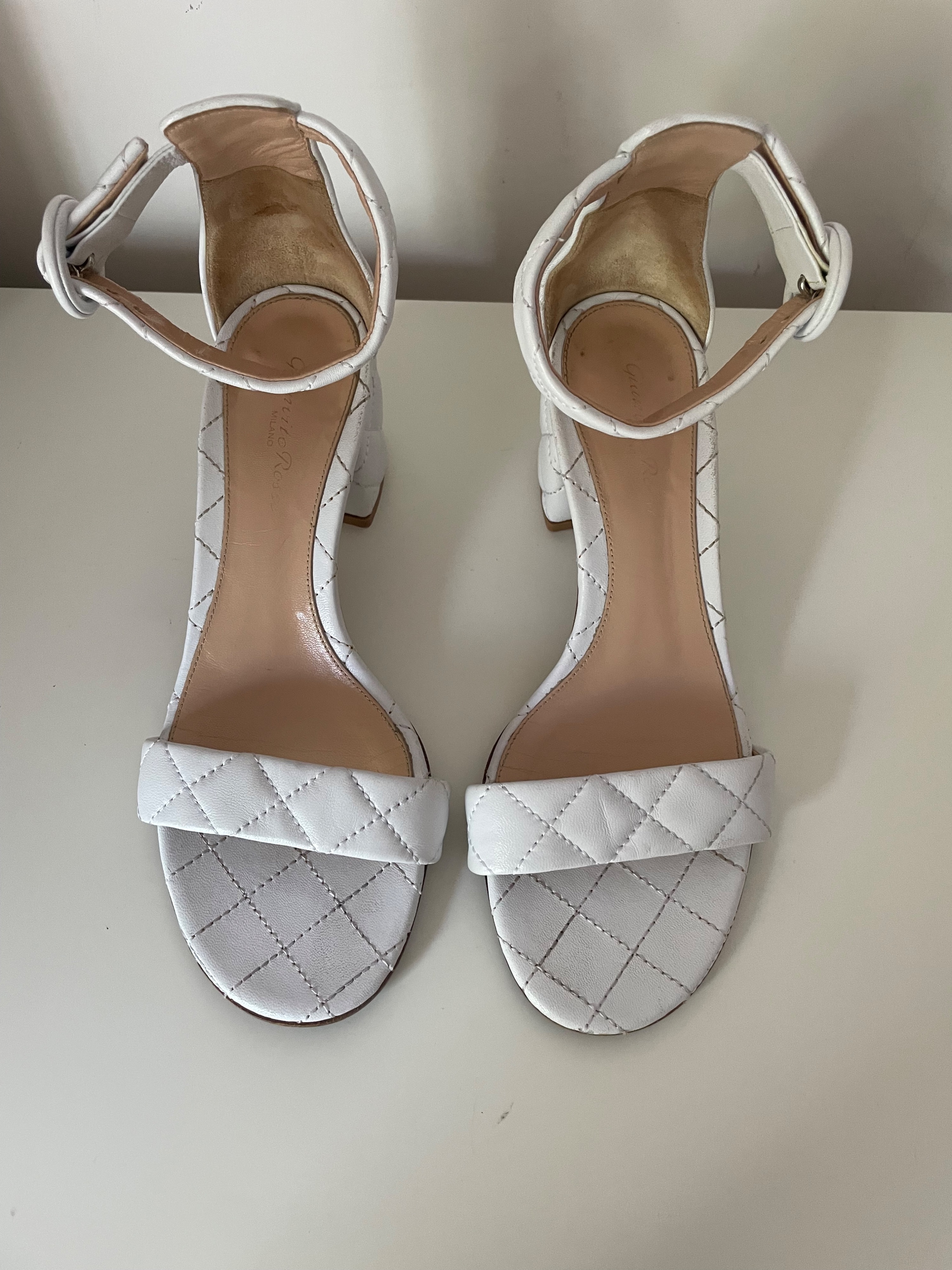 Preowned Ginavitto Rossi White Quilted Heeled Sandals Size 385 leather