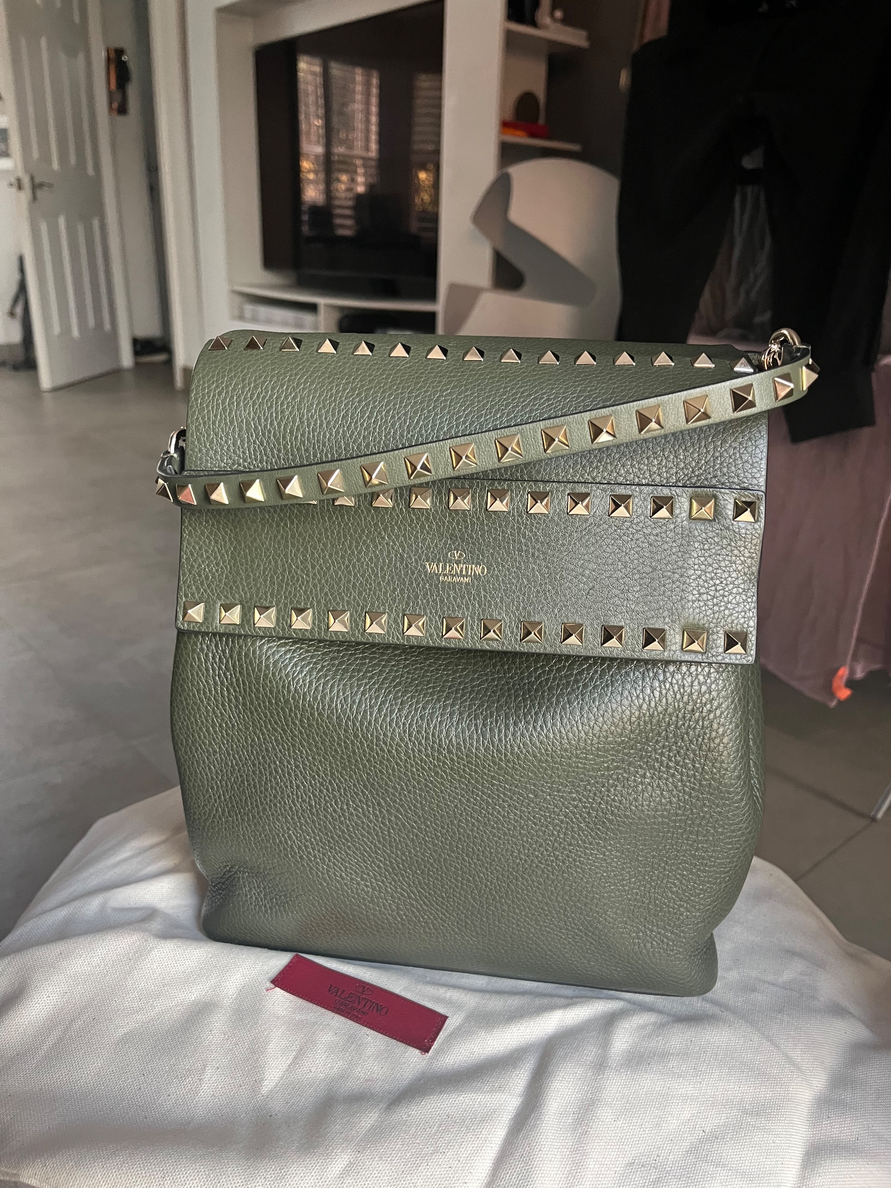 Valentino Khaki Green Small Rockstud Backpack Dark olive green leather