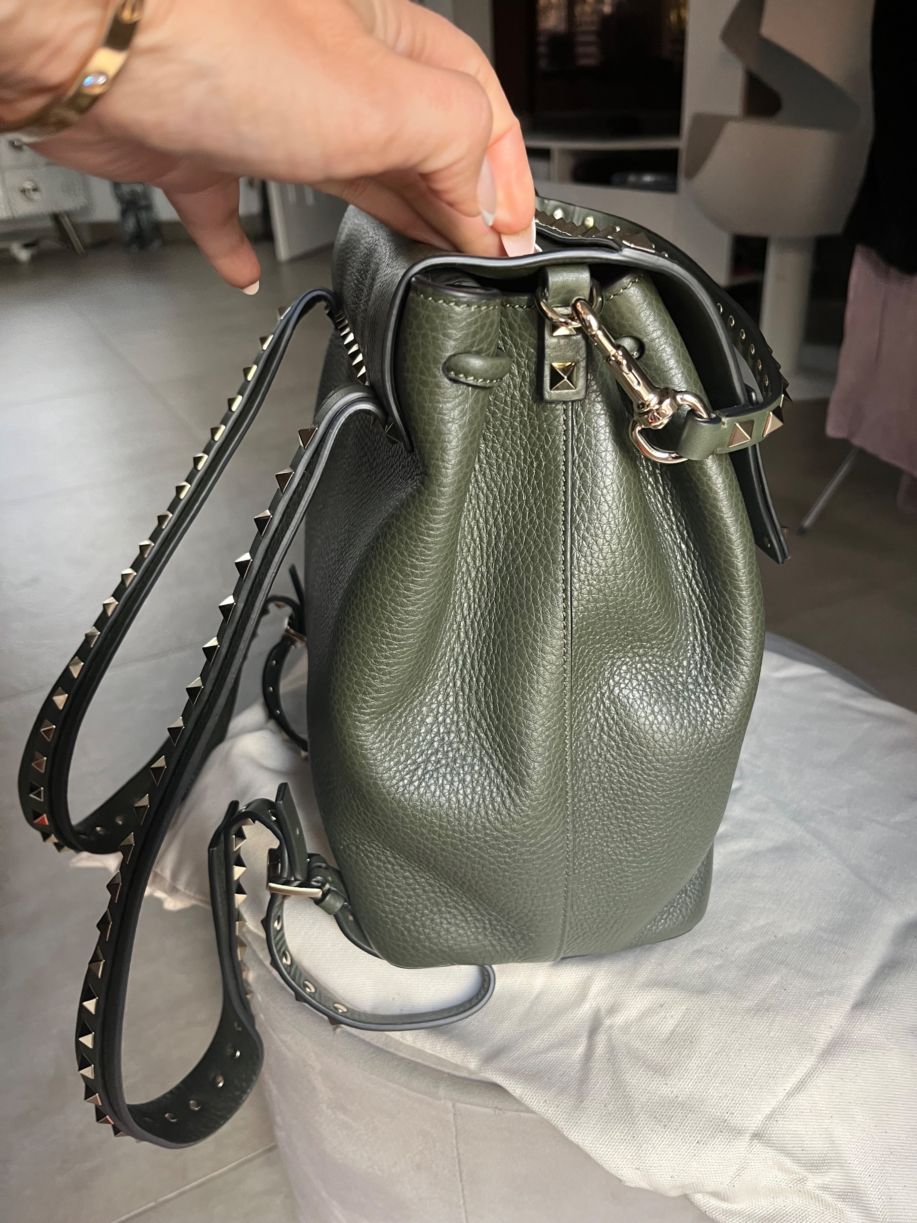 Valentino Khaki Green Small Rockstud Backpack Dark olive green leather