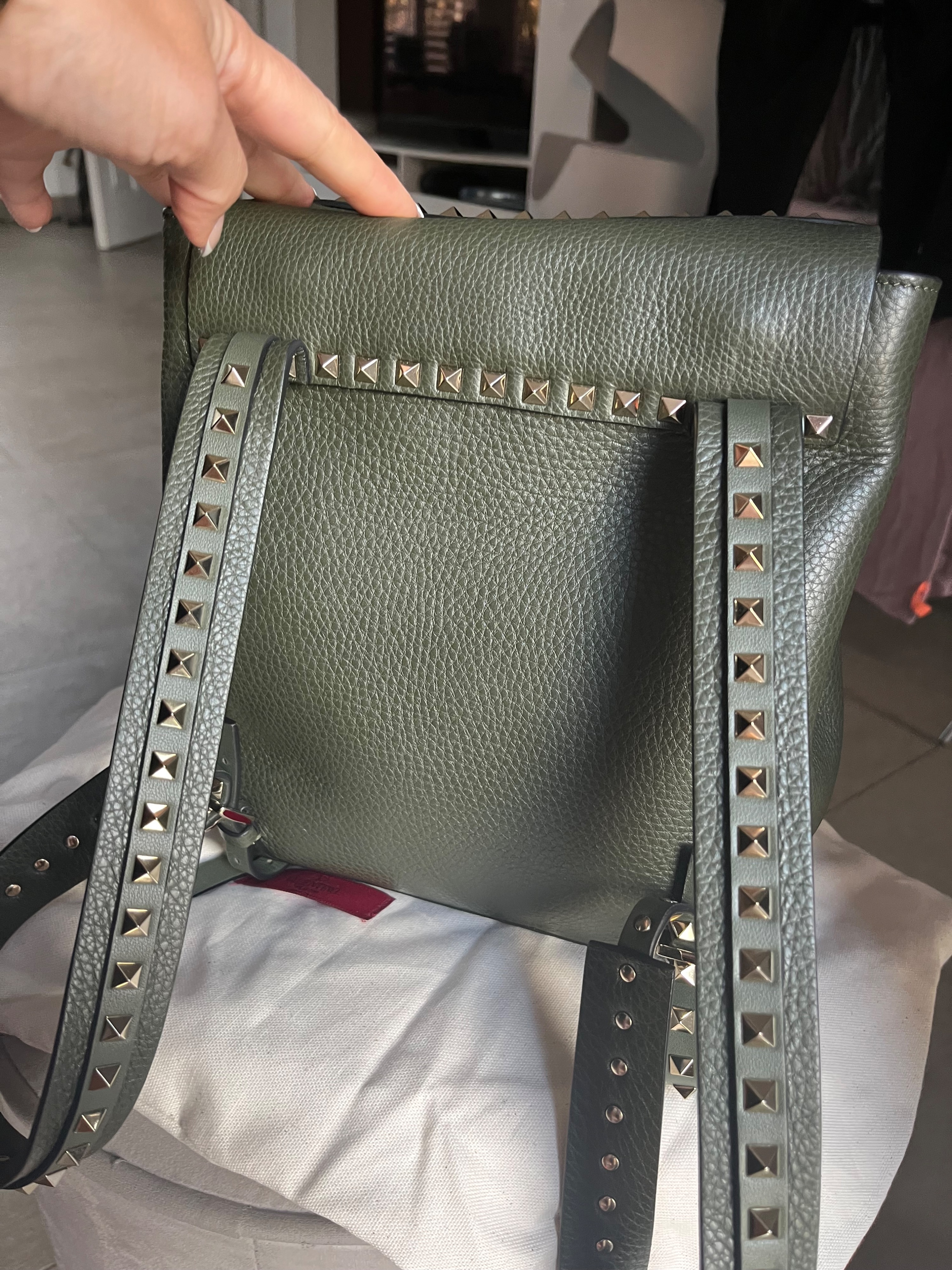 Valentino Khaki Green Small Rockstud Backpack Dark olive green leather