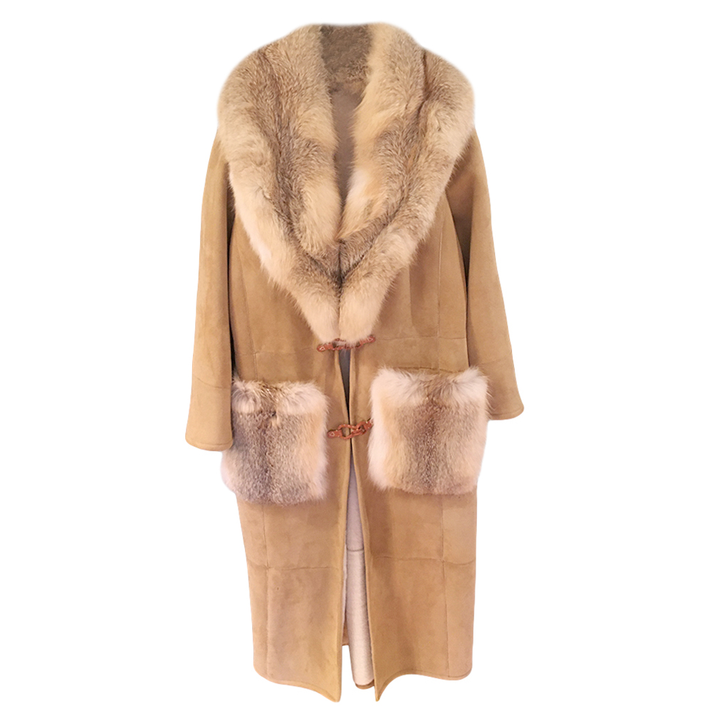 Preowned Ermanno Scervino Sheepskin Coat with Fox Fur Collar Size XS Beige/Nude