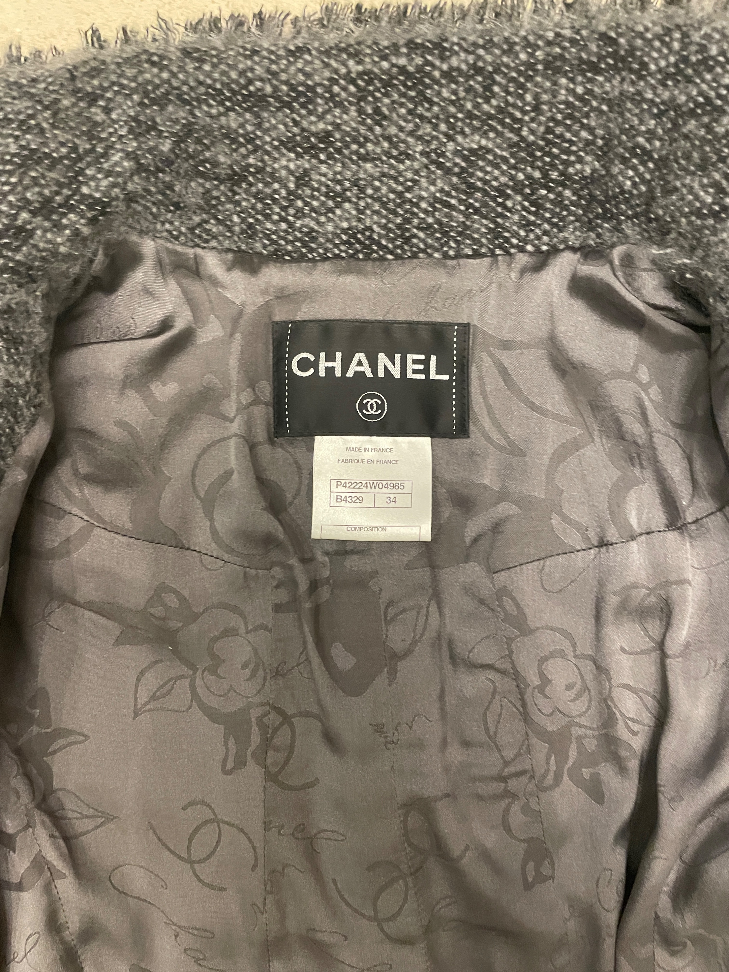 Preowned Chanel High Neck Asymmetric Grey Tweed Jacket Size XS