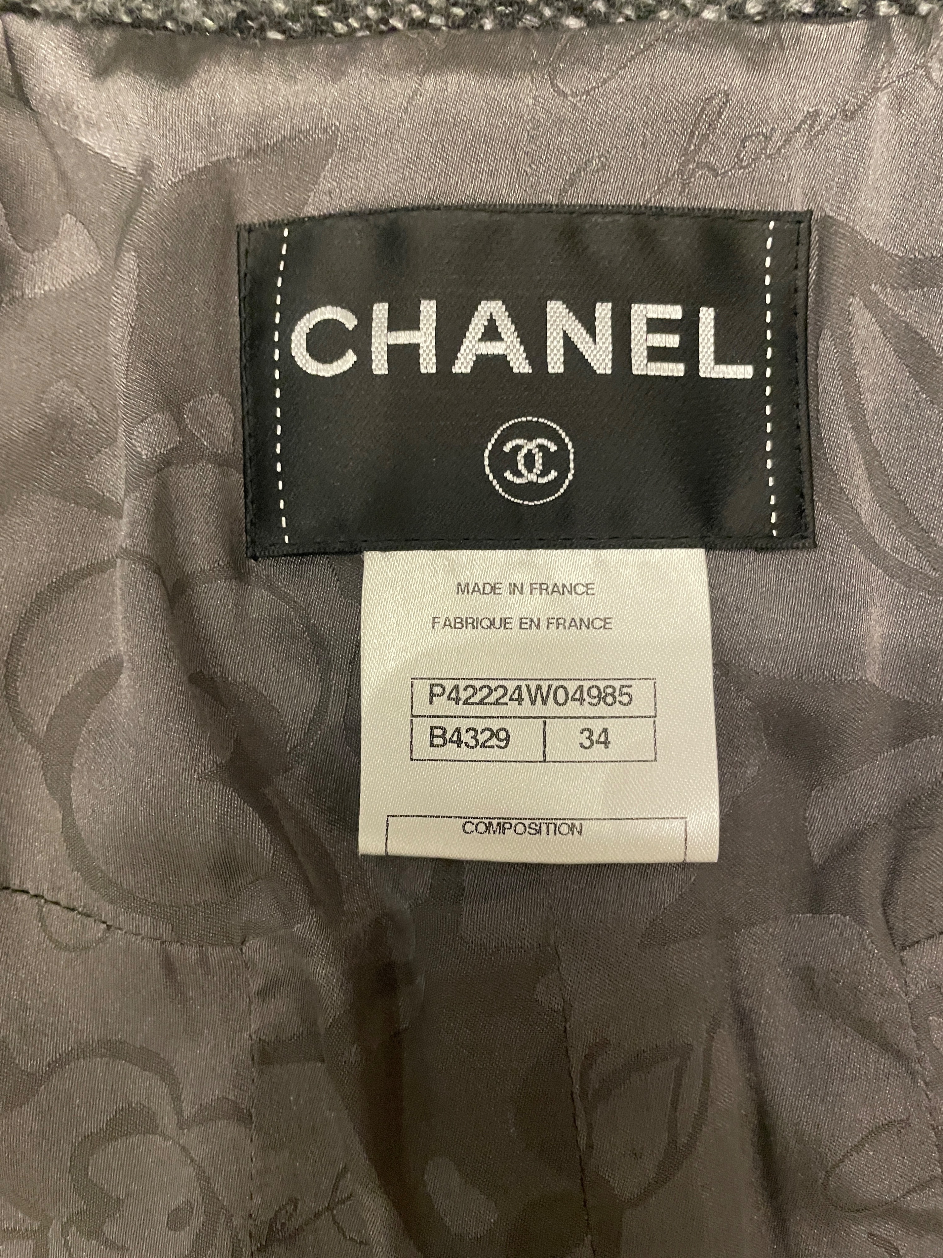 Preowned Chanel High Neck Asymmetric Grey Tweed Jacket Size XS