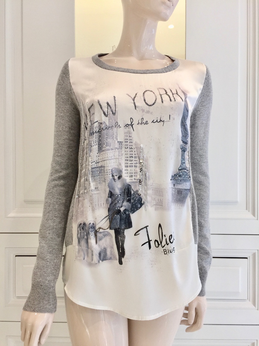 Blumarine Blugirl Folies Silk New York Scene Swarovski Crystal Long Sleeve Top Size S Grey