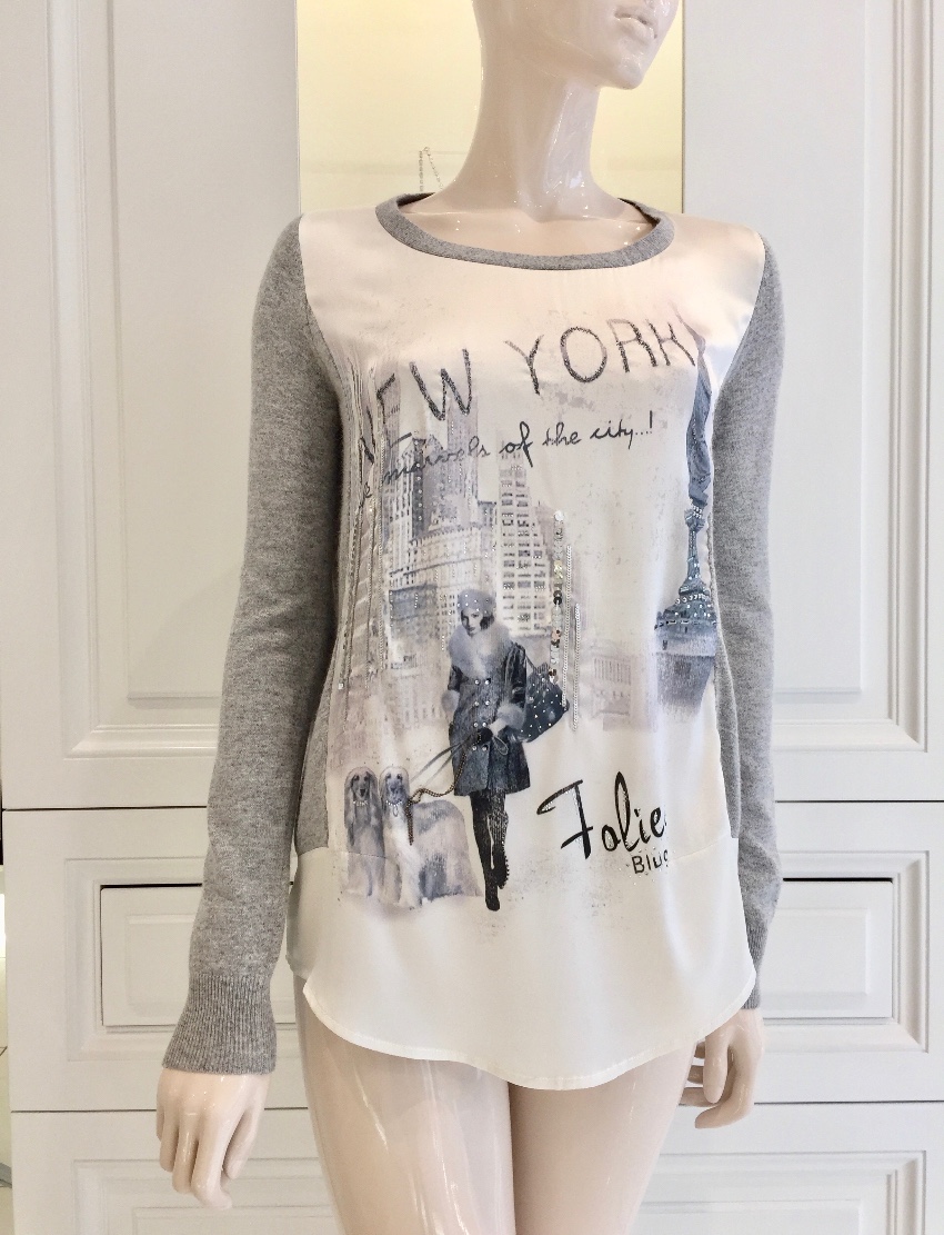 Blumarine Blugirl Folies Silk New York Scene Swarovski Crystal Long Sleeve Top Size S Grey