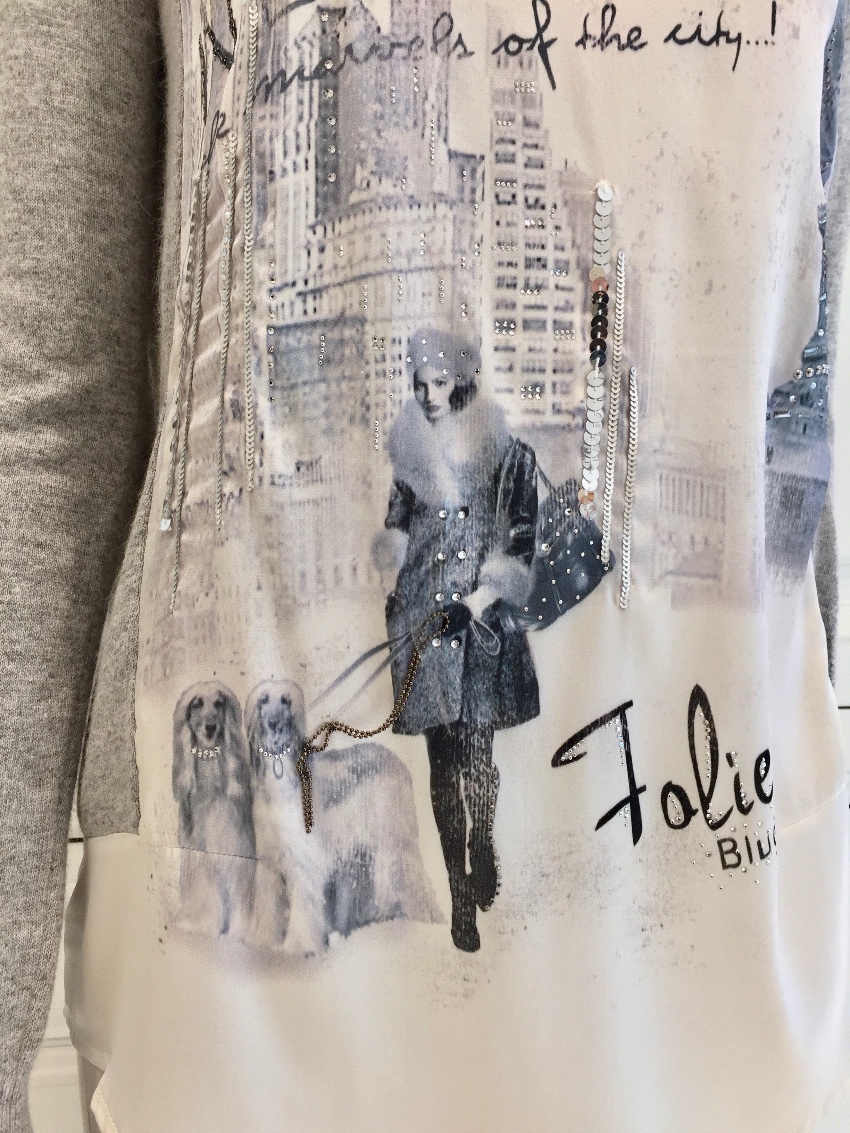 Blumarine Blugirl Folies Silk New York Scene Swarovski Crystal Long Sleeve Top Size S Grey