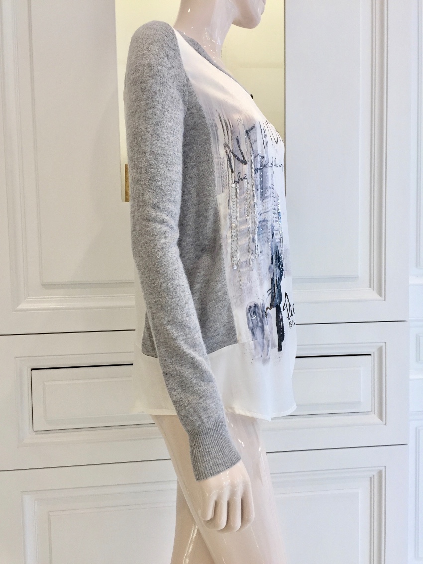 Blumarine Blugirl Folies Silk New York Scene Swarovski Crystal Long Sleeve Top Size S Grey