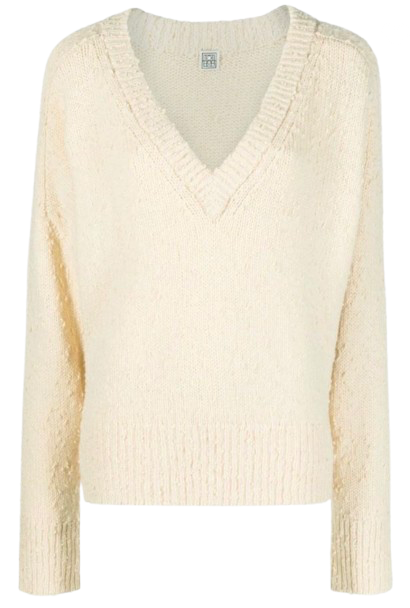 Toteme Cream Textured V-Neck Jumper Size 38 Natural organic wool