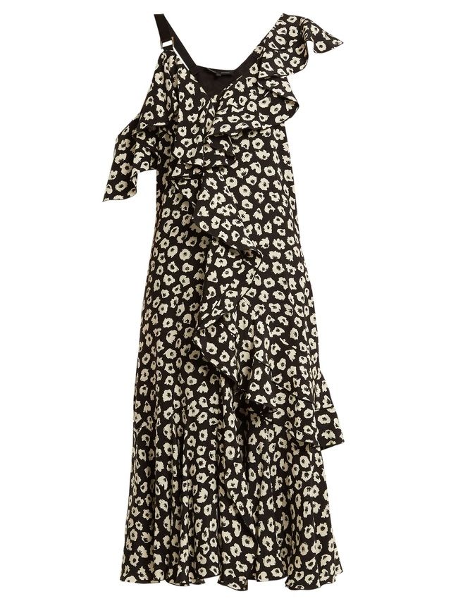 Preowned Proenza Schouler Floral-Print Silk-Crepe Midi Dress Size S Black and cream silk