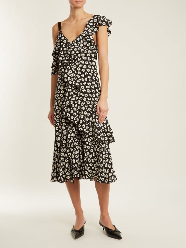 Preowned Proenza Schouler Floral-Print Silk-Crepe Midi Dress Size S Black and cream silk