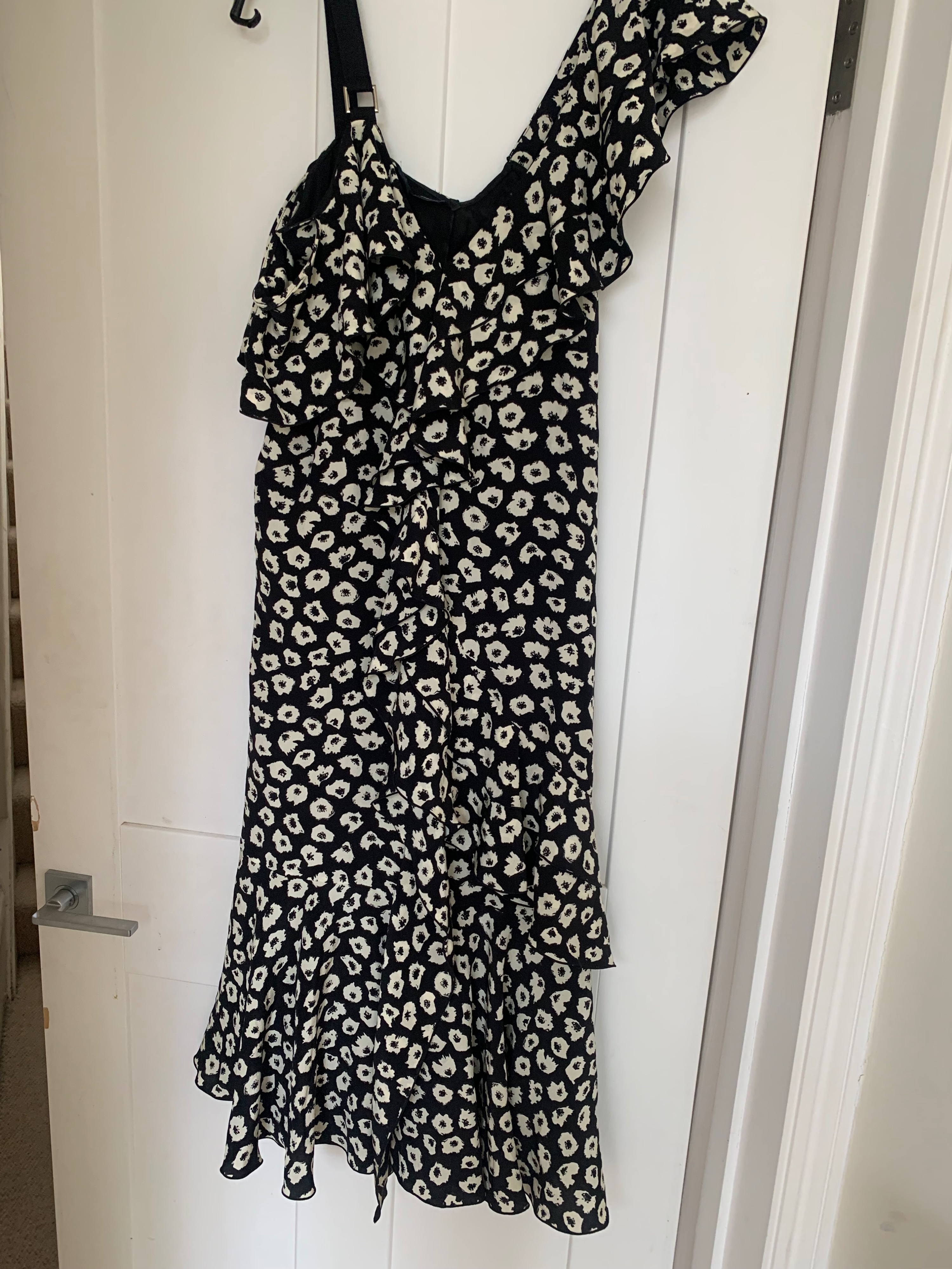 Preowned Proenza Schouler Floral-Print Silk-Crepe Midi Dress Size S Black and cream silk