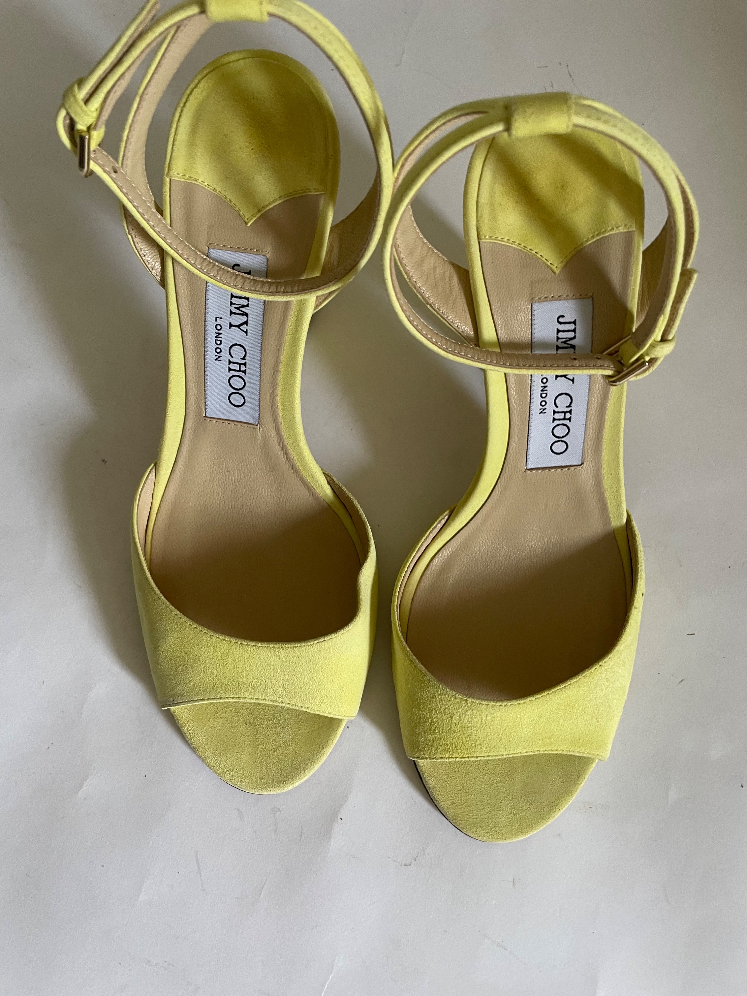 Preowned Jimmy Choo Miranda 85 Pale Yellow Suede Block Heel Sandals Size 37