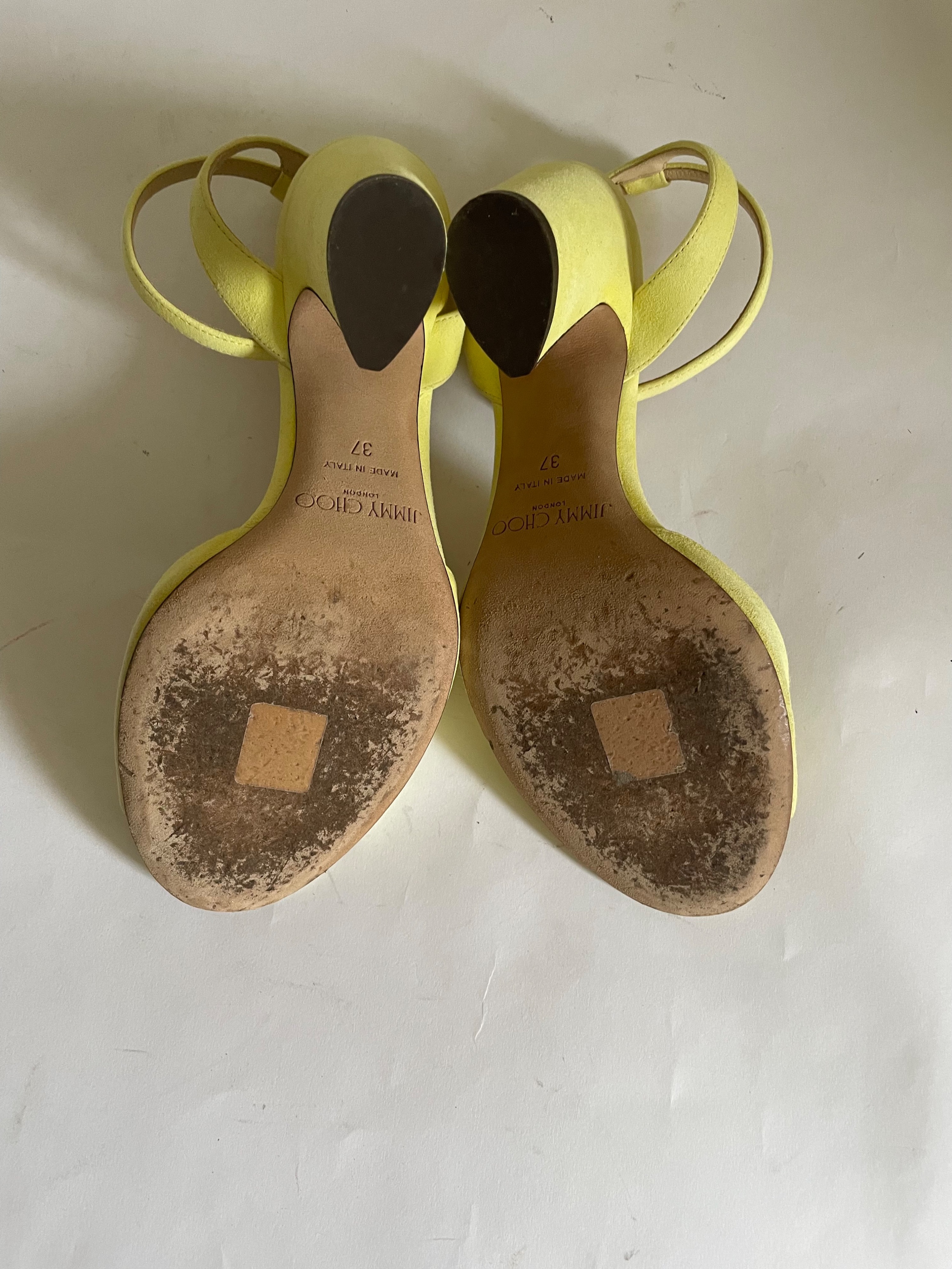 Preowned Jimmy Choo Miranda 85 Pale Yellow Suede Block Heel Sandals Size 37